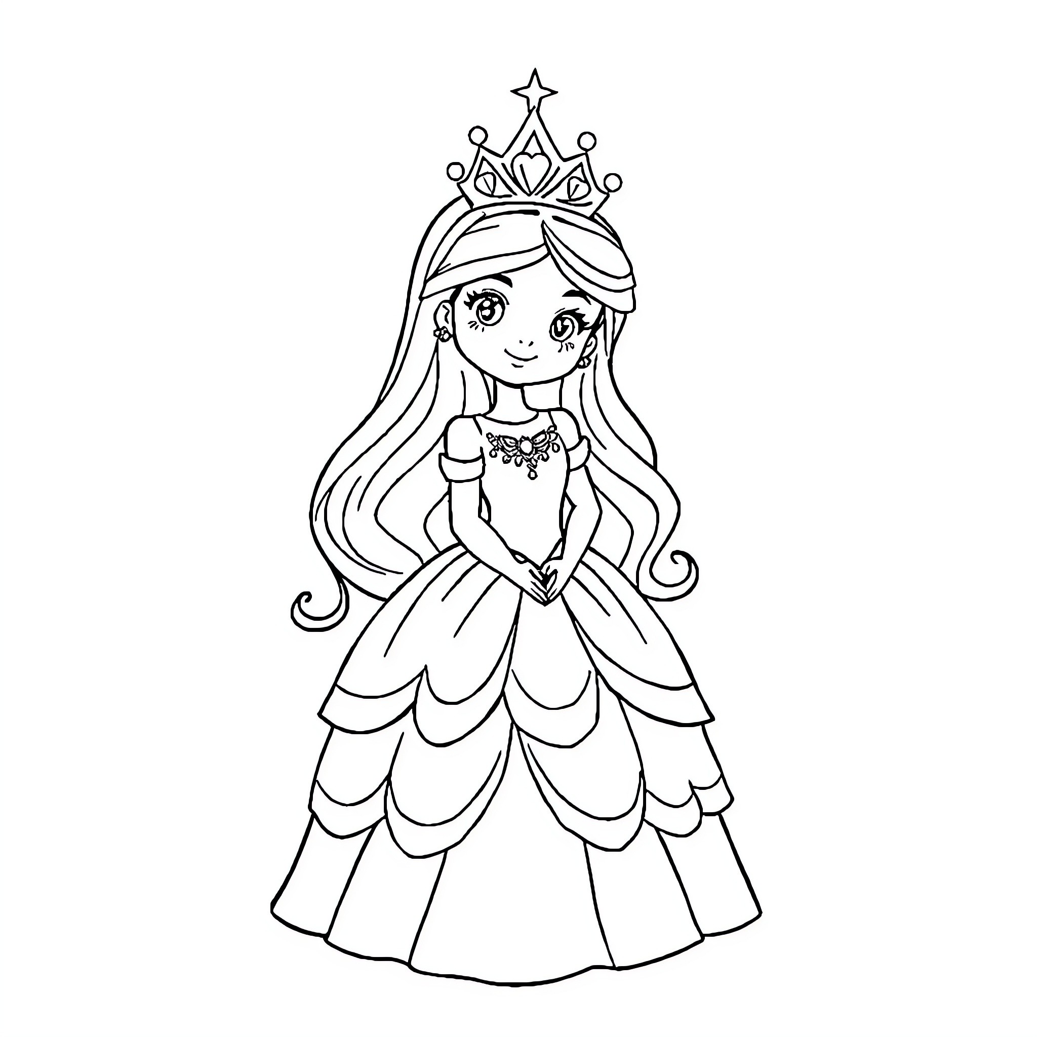 Princess in a Sparkling Gown and Crown Coloring Page (free black-and-white line drawing printable PDF for all, from beginners to advanced learners, including children, teens, adults, and seniors)