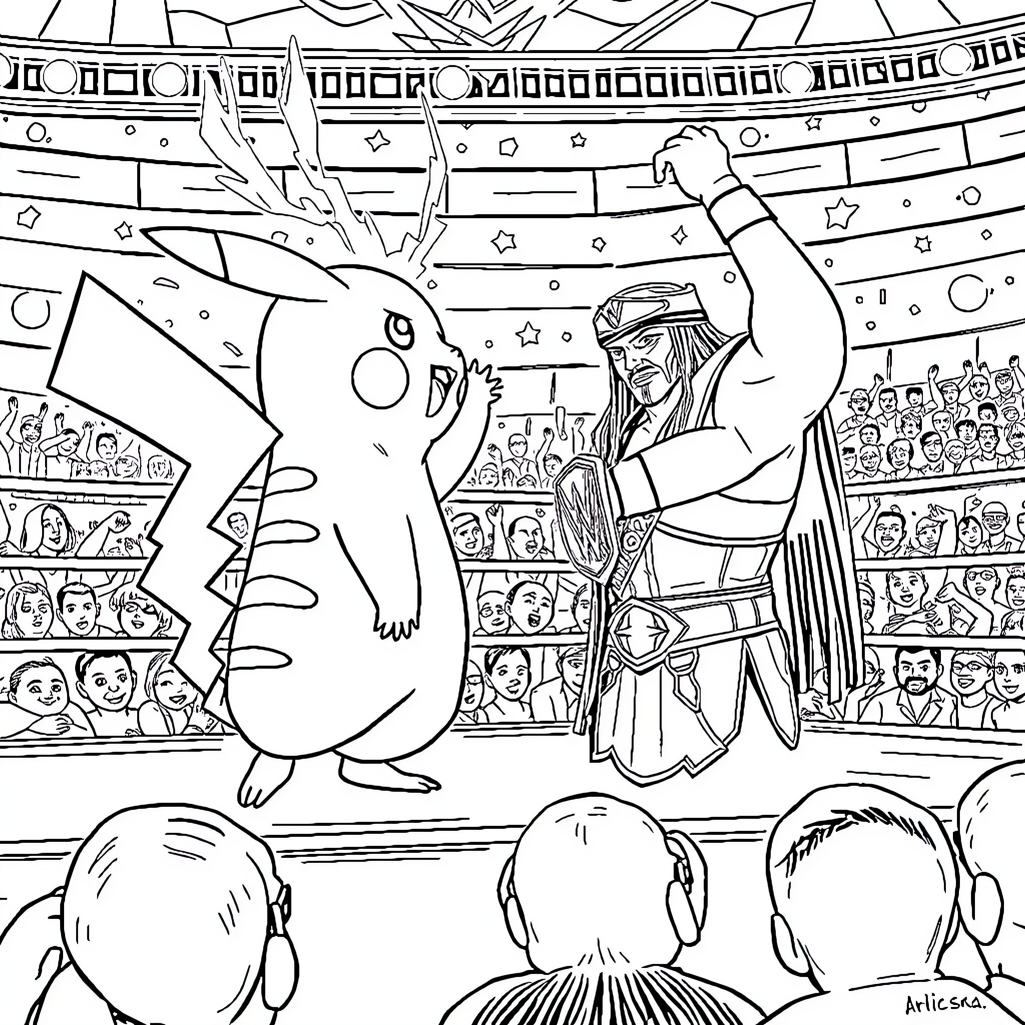 Pikachu's Exciting Performance in the Arena Coloring Page (free black-and-white line drawing printable PDF for all, from beginners to advanced learners, including children, teens, adults, and seniors)