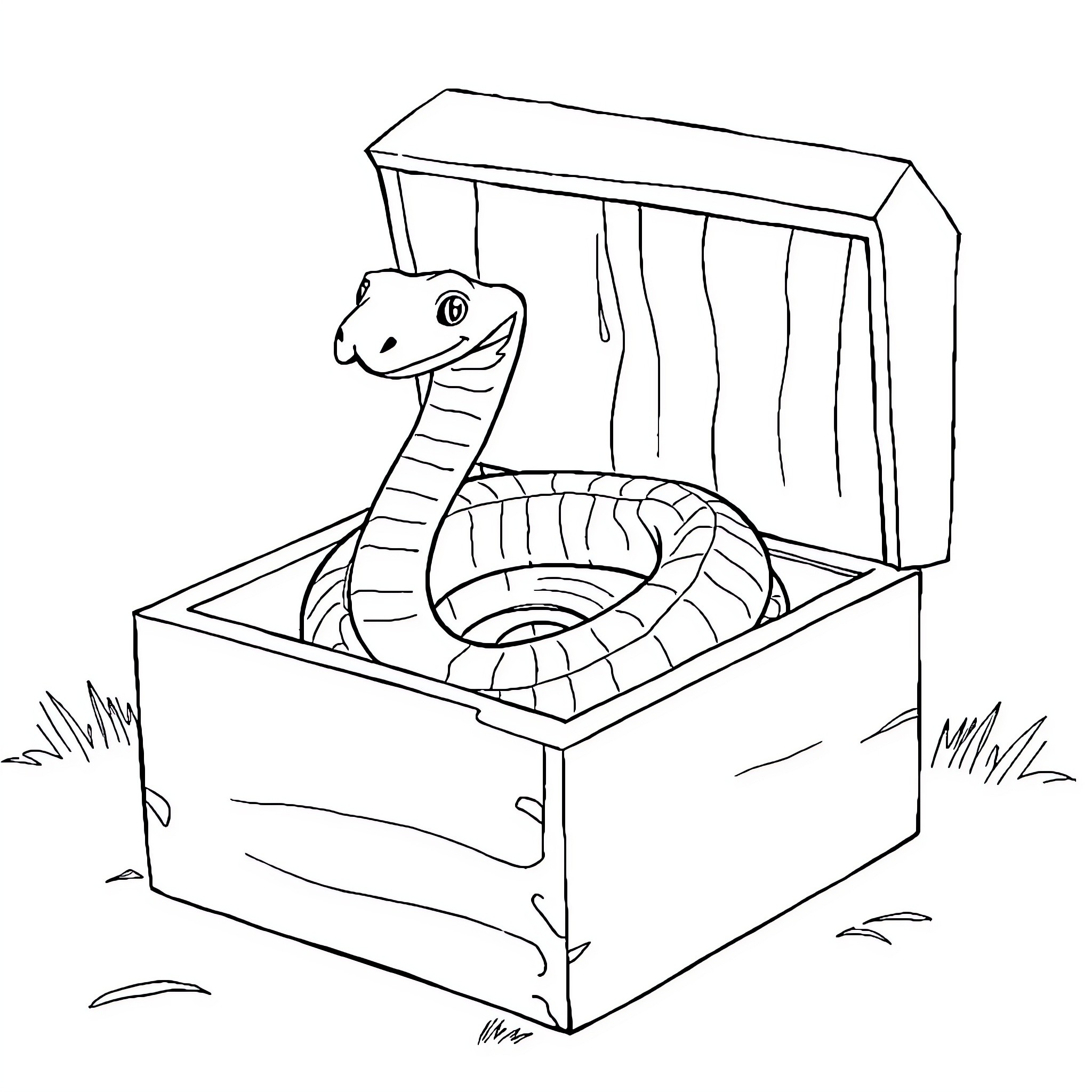Snake popping out of a box Coloring Page (free black-and-white line drawing printable PDF for all, from beginners to advanced learners, including children, teens, adults, and seniors)