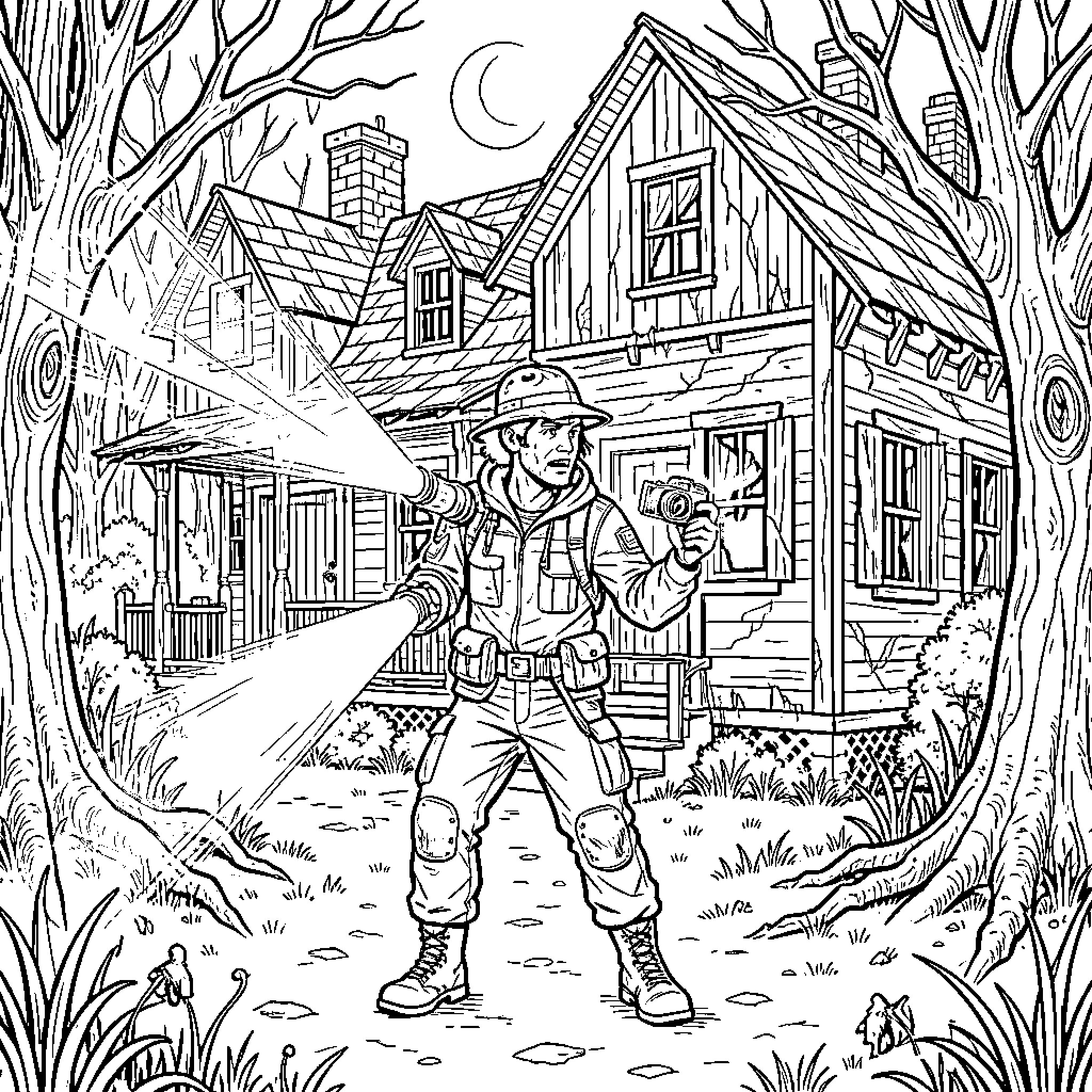 Ghosthunter holding a camera and shining a flashlight Coloring Page (free black-and-white line drawing printable PDF for all, from beginners to advanced learners, including children, teens, adults, and seniors)