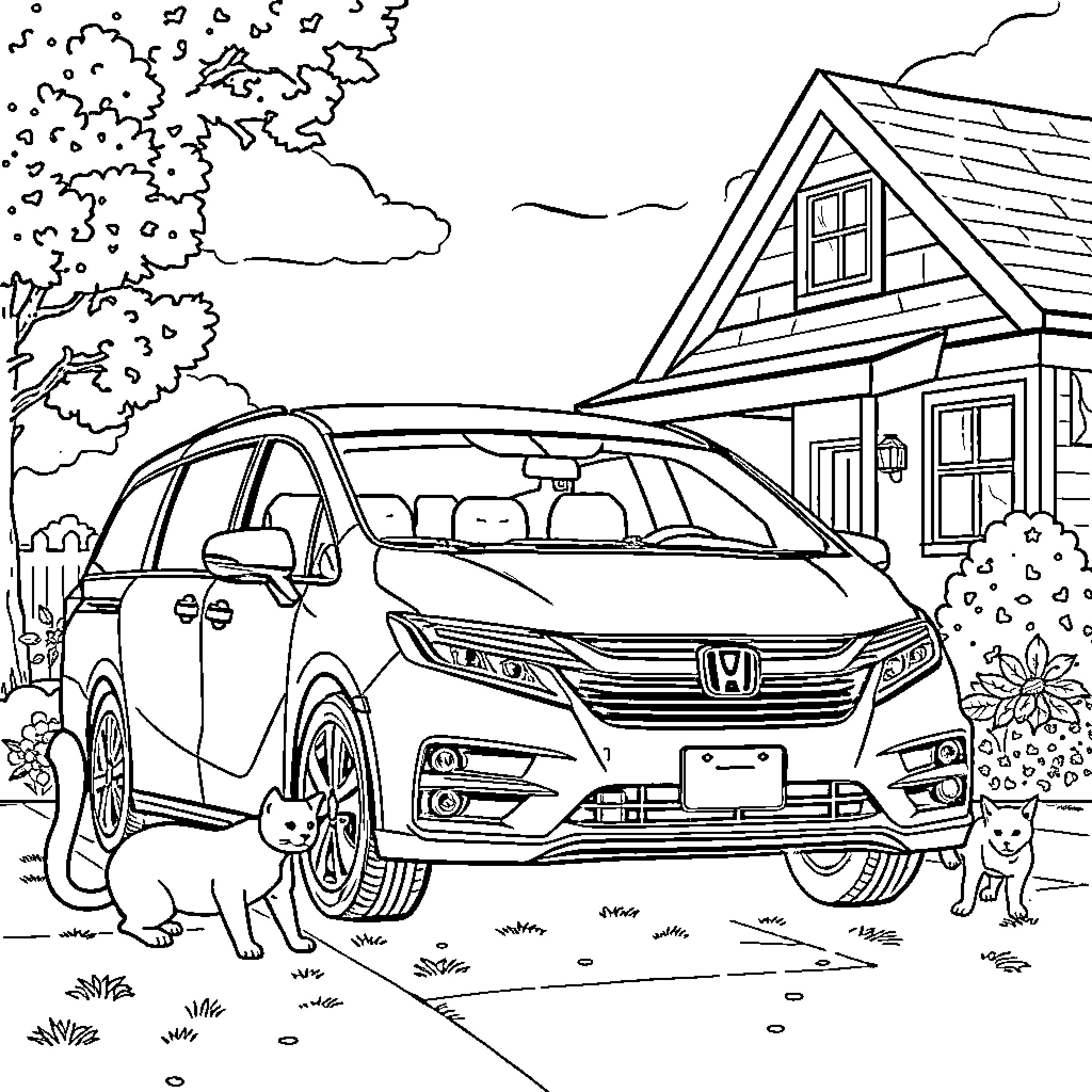 Honda Odyssey parked outside a cozy house Coloring Page (free black-and-white line drawing printable PDF for all, from beginners to advanced learners, including children, teens, adults, and seniors)