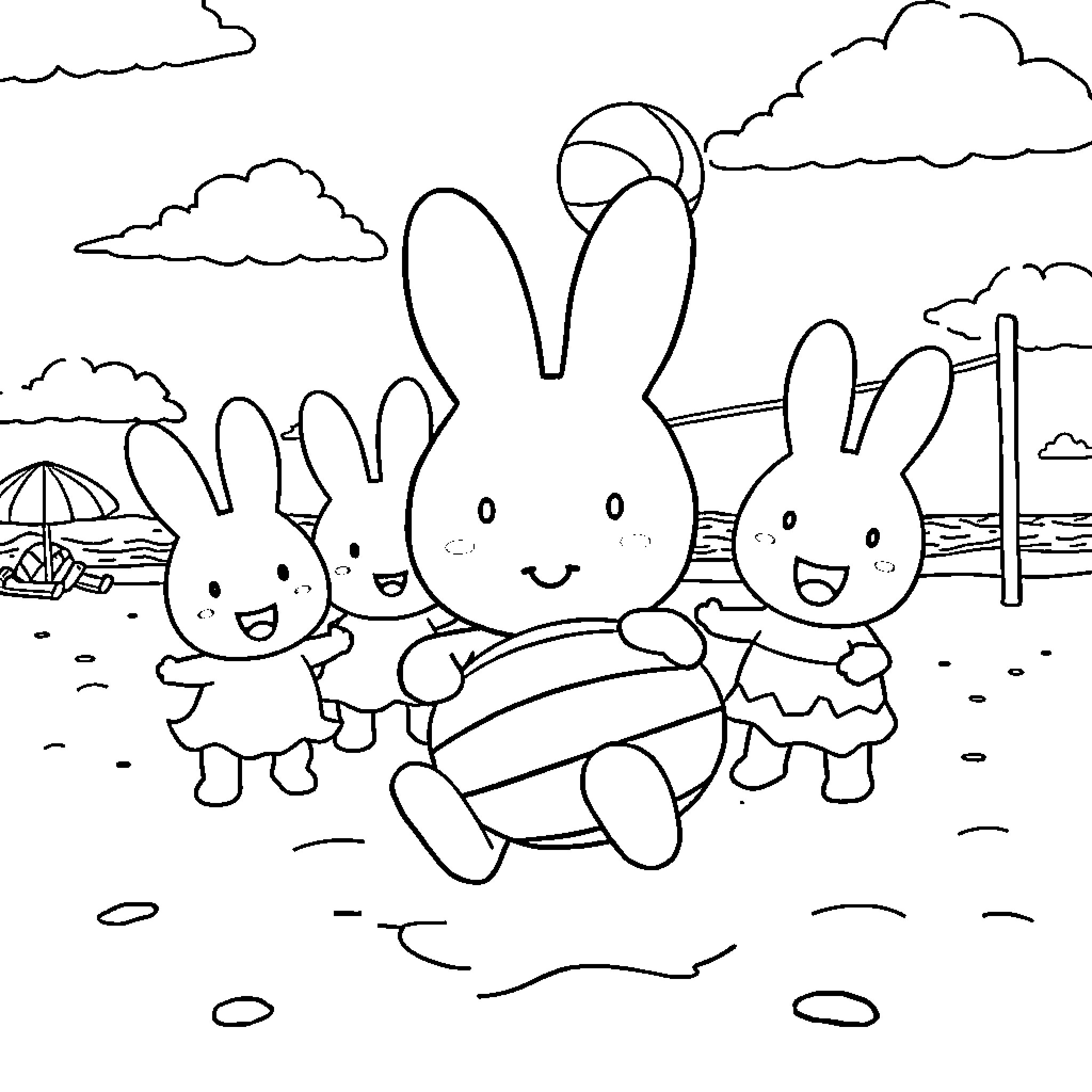 Miffy and Bunny Friends Enjoy Beach Day Coloring Page (free black-and-white line drawing printable PDF for all, from beginners to advanced learners, including children, teens, adults, and seniors)