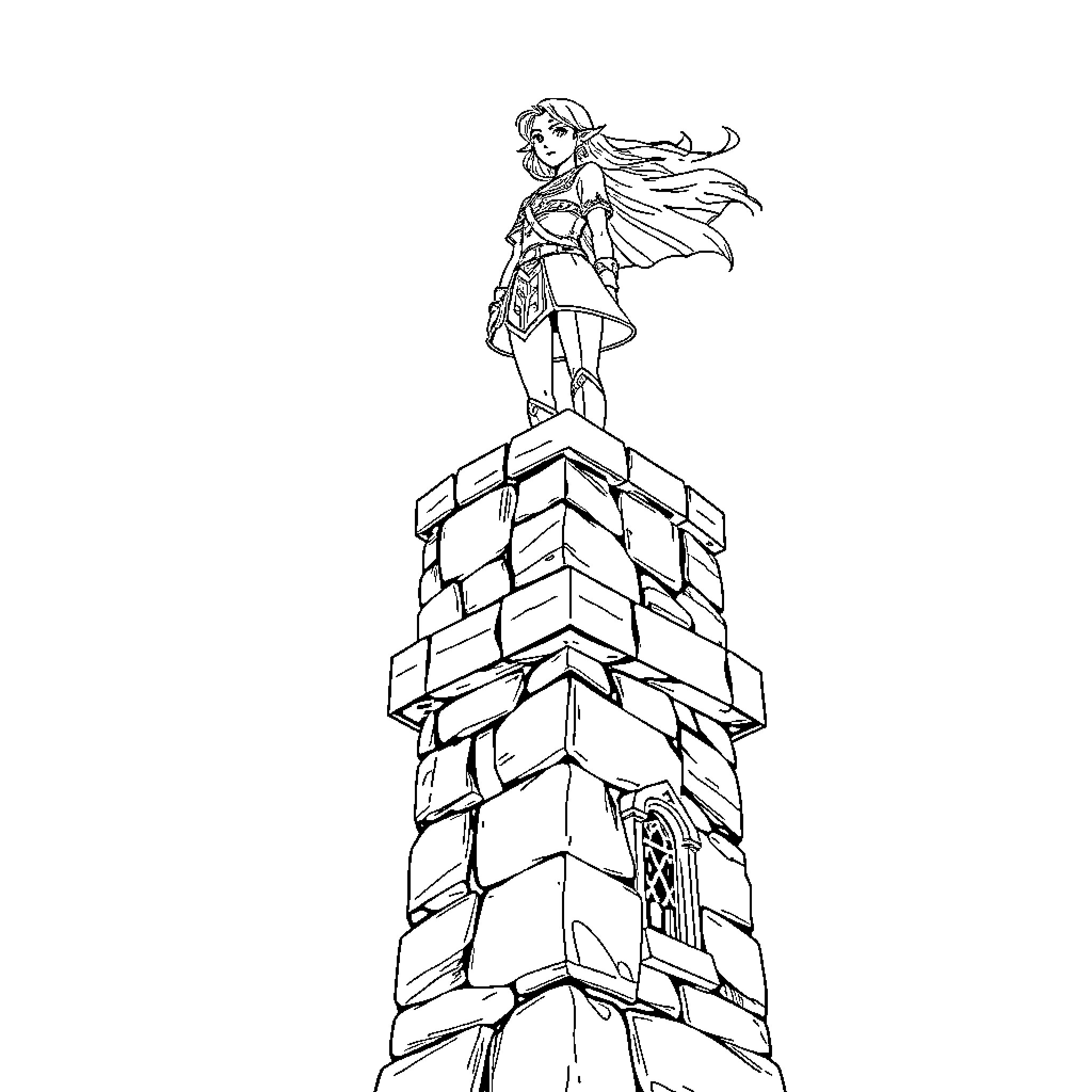 Zelda standing on a tower of stone blocks Coloring Page (free black-and-white line drawing printable PDF for all, from beginners to advanced learners, including children, teens, adults, and seniors)