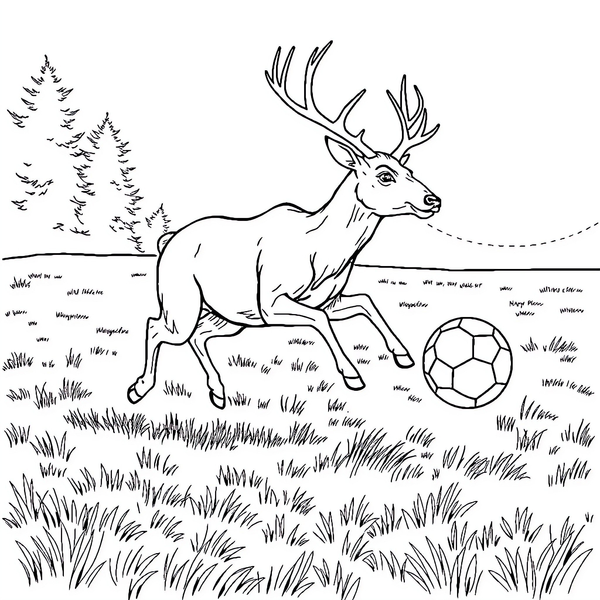 Buck playing with soccer ball in forest Coloring Page (free black-and-white line drawing printable PDF for all, from beginners to advanced learners, including children, teens, adults, and seniors)