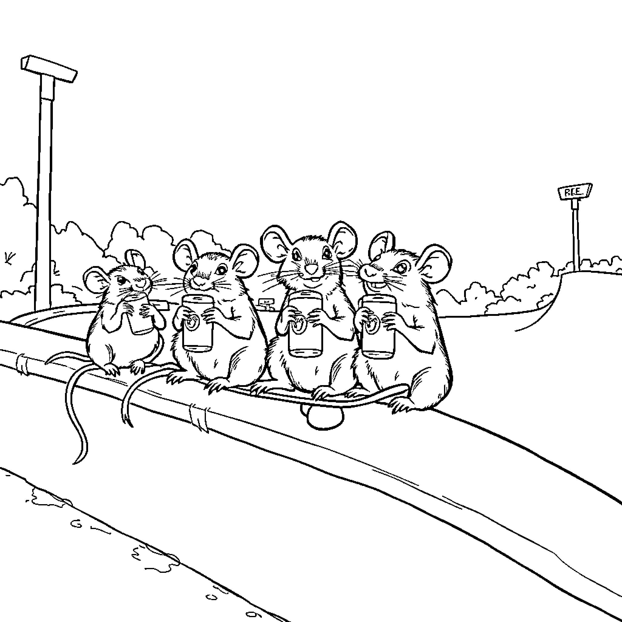 Rat friends riding a boat together Coloring Page (free black-and-white line drawing printable PDF for all, from beginners to advanced learners, including children, teens, adults, and seniors)