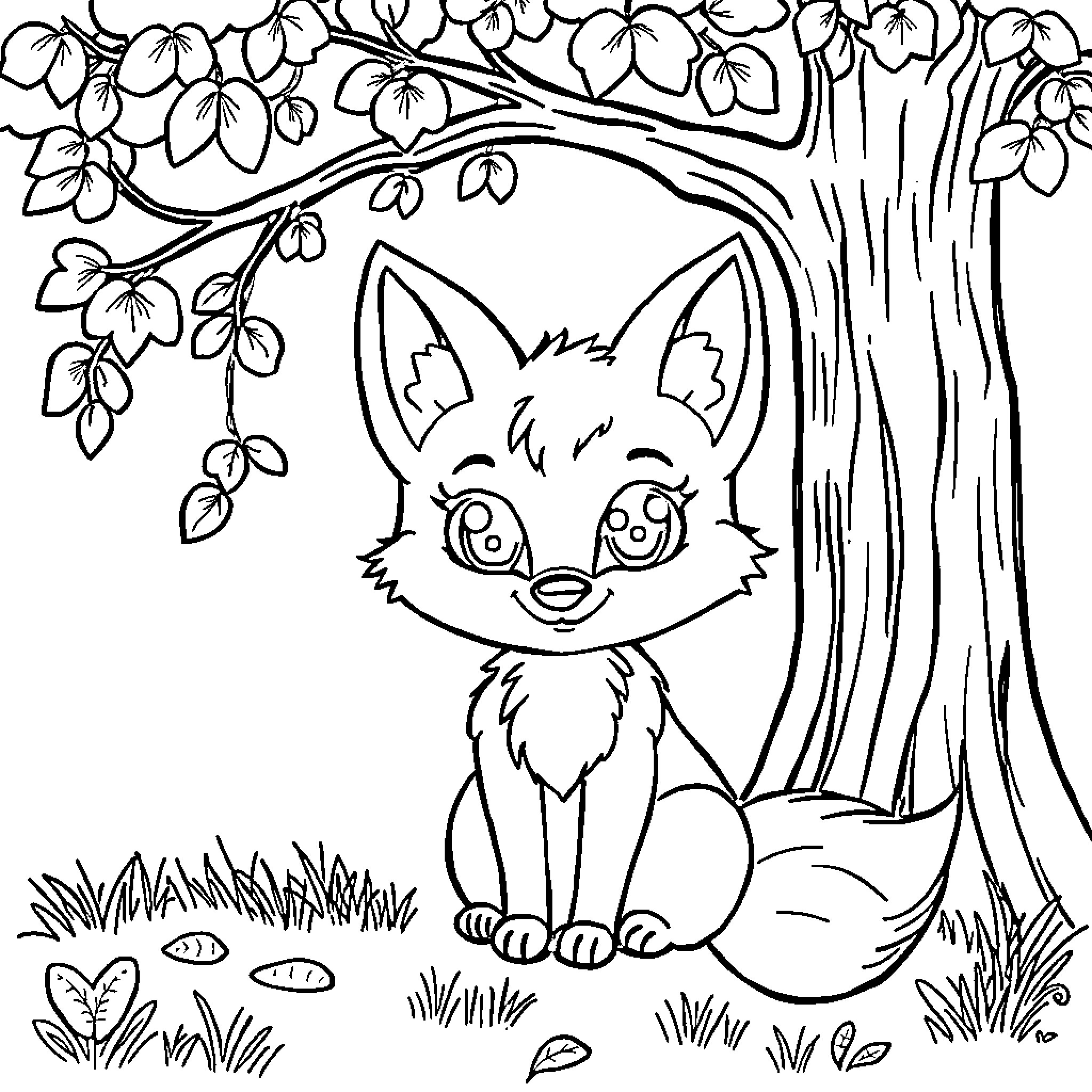 Fox resting peacefully in the woodland scene Coloring Page (free black-and-white line drawing printable PDF for all, from beginners to advanced learners, including children, teens, adults, and seniors)