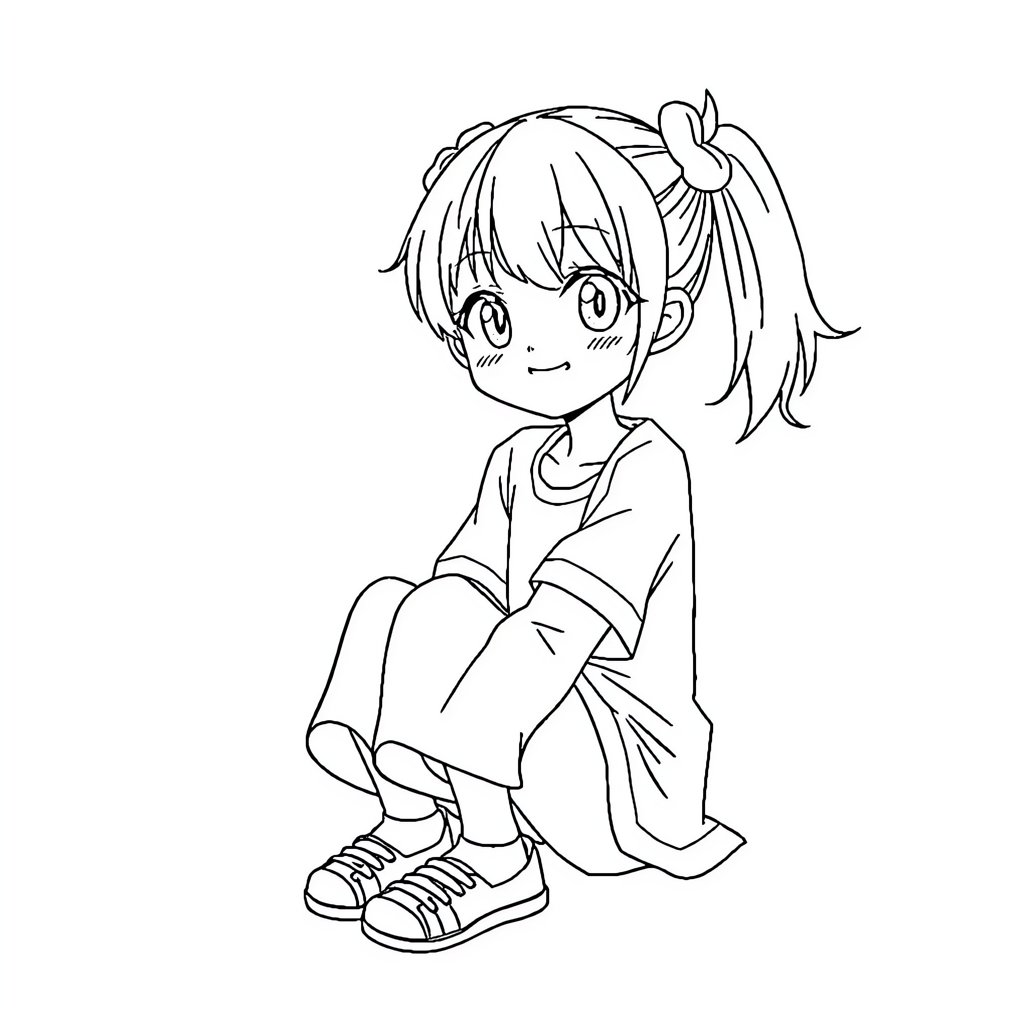 Anime Girl sitting on the ground happily Coloring Page (free black-and-white line drawing printable PDF for all, from beginners to advanced learners, including children, teens, adults, and seniors)
