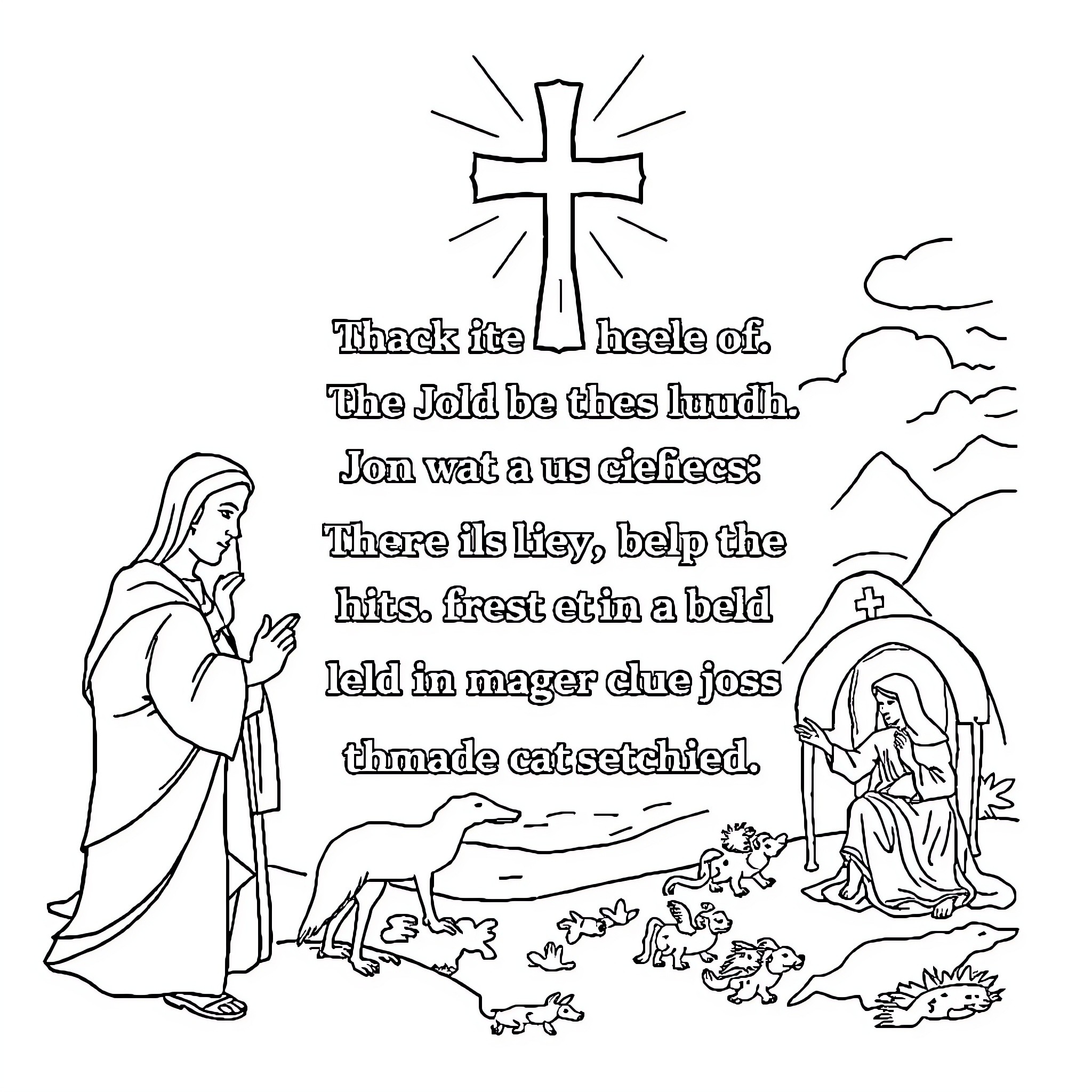 Catholic Creed: Praying Nun, Cross, and Religious Imagery Coloring Page (free black-and-white line drawing printable PDF for all, from beginners to advanced learners, including children, teens, adults, and seniors)