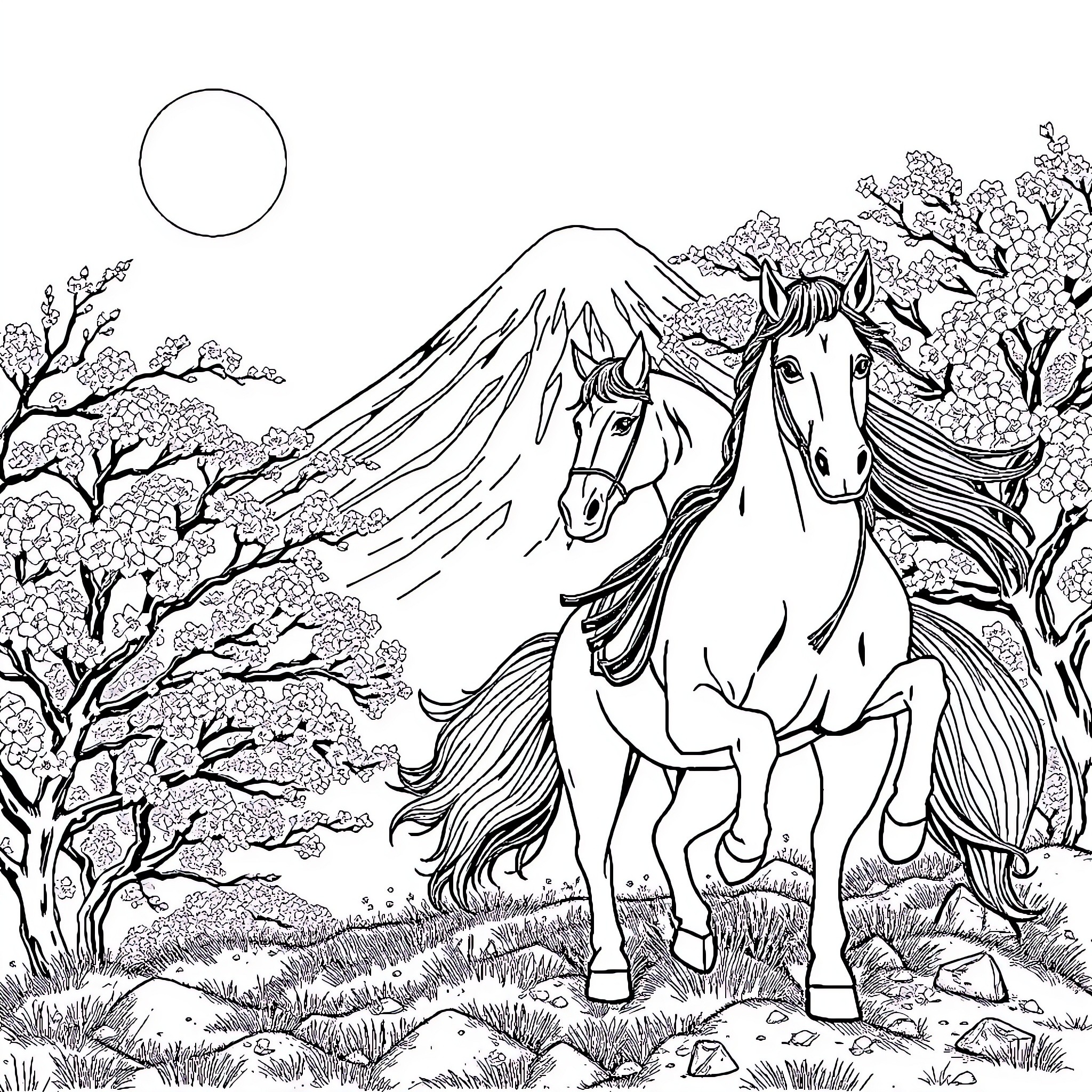 Caballero riding noble steeds through a serene landscape Coloring Page (free black-and-white line drawing printable PDF for all, from beginners to advanced learners, including children, teens, adults, and seniors)
