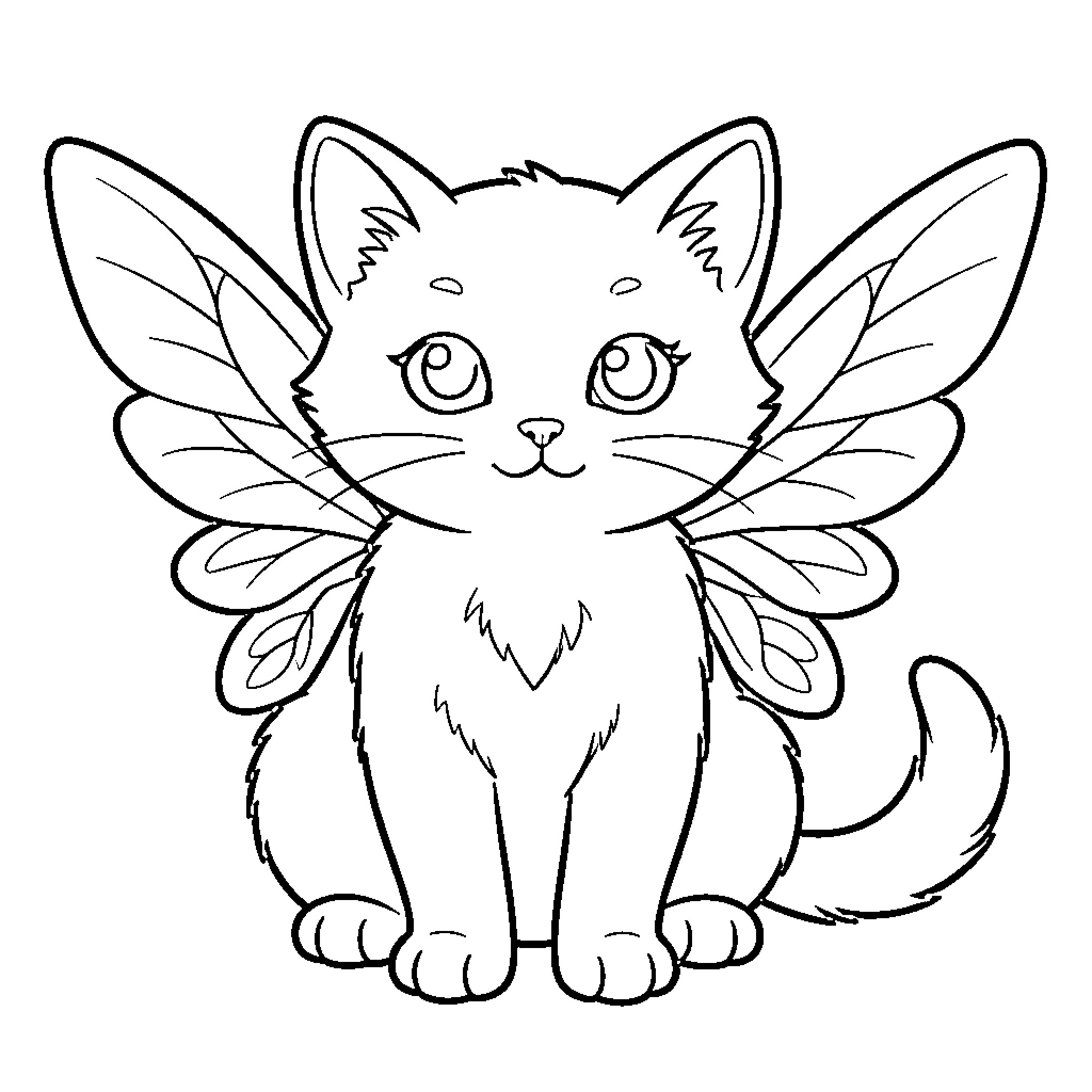 Kitten with Whimsical Fairy Wings Coloring Page (free black-and-white line drawing printable PDF for all, from beginners to advanced learners, including children, teens, adults, and seniors)