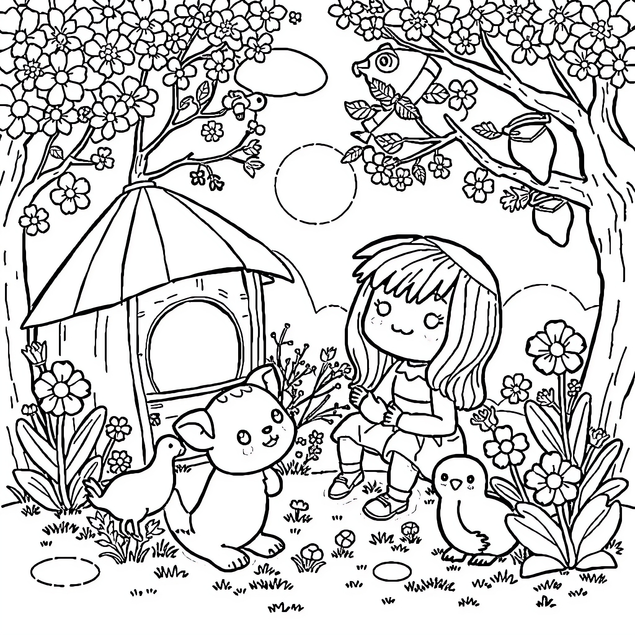 Kawaii Girl's Friendly Forest Adventure Coloring Page (free black-and-white line drawing printable PDF for all, from beginners to advanced learners, including children, teens, adults, and seniors)