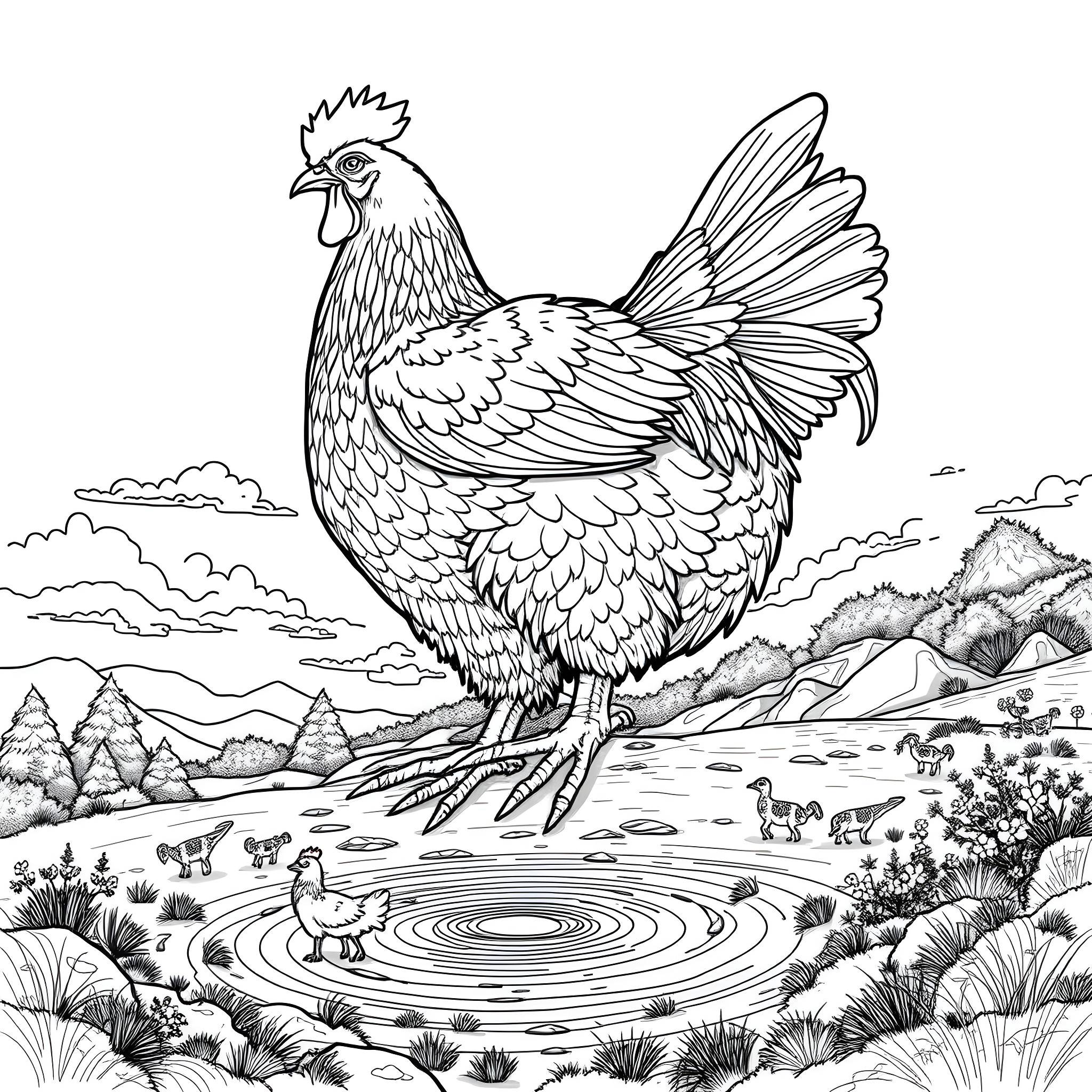 Chicken standing proudly in a natural landscape Coloring Page (free black-and-white line drawing printable PDF for all, from beginners to advanced learners, including children, teens, adults, and seniors)