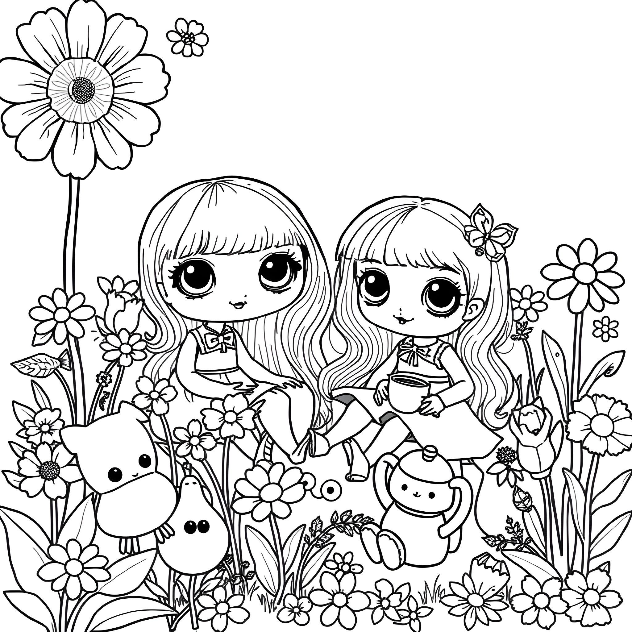 Doll friends enjoying flowers and nature Coloring Page (free black-and-white line drawing printable PDF for all, from beginners to advanced learners, including children, teens, adults, and seniors)