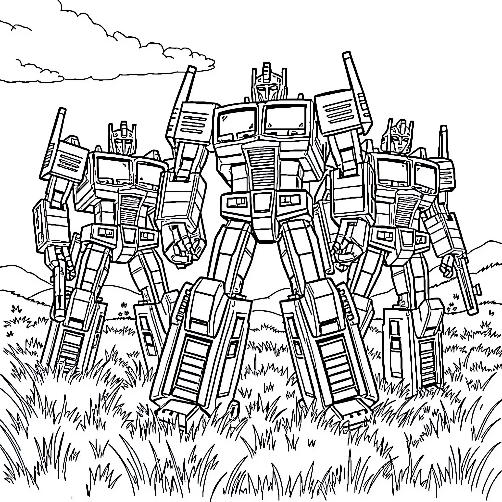 Transformer robots in an outdoor landscape Coloring Page (free black-and-white line drawing printable PDF for all, from beginners to advanced learners, including children, teens, adults, and seniors)