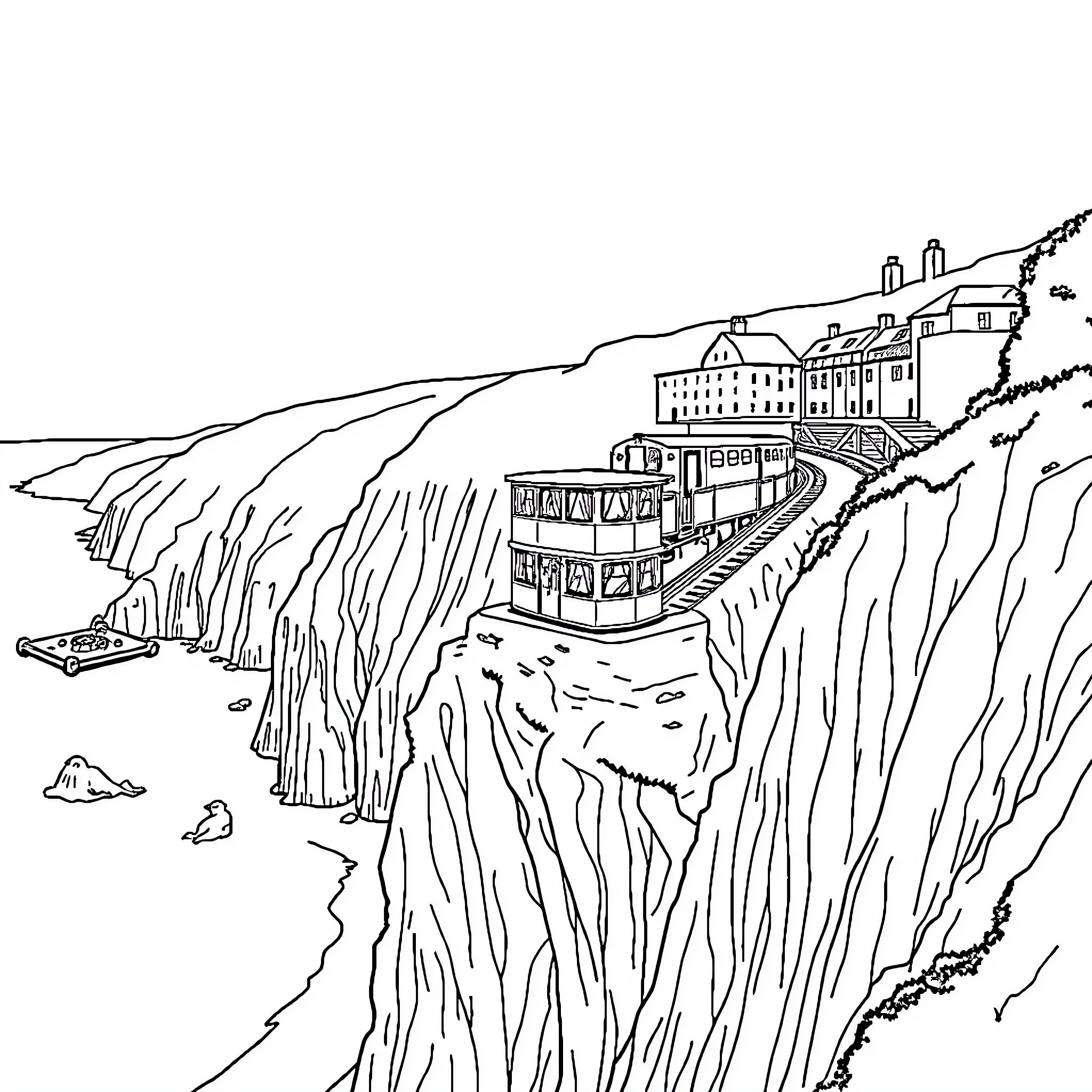 Cliff Railway Ascending Steep Terrain with Historic Buildings Coloring Page (free black-and-white line drawing printable PDF for all, from beginners to advanced learners, including children, teens, adults, and seniors)