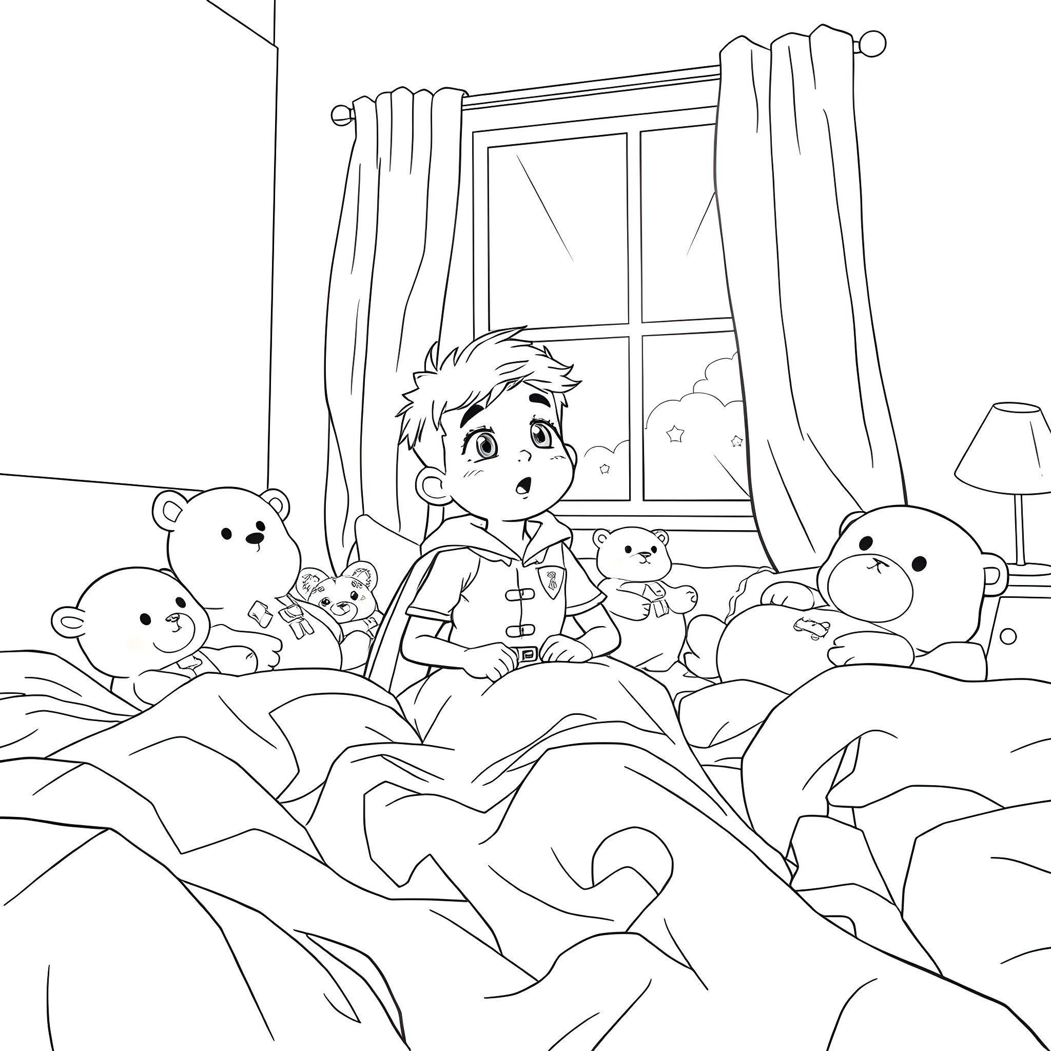 Robin playing with stuffed animals in his bedroom Coloring Page (free black-and-white line drawing printable PDF for all, from beginners to advanced learners, including children, teens, adults, and seniors)