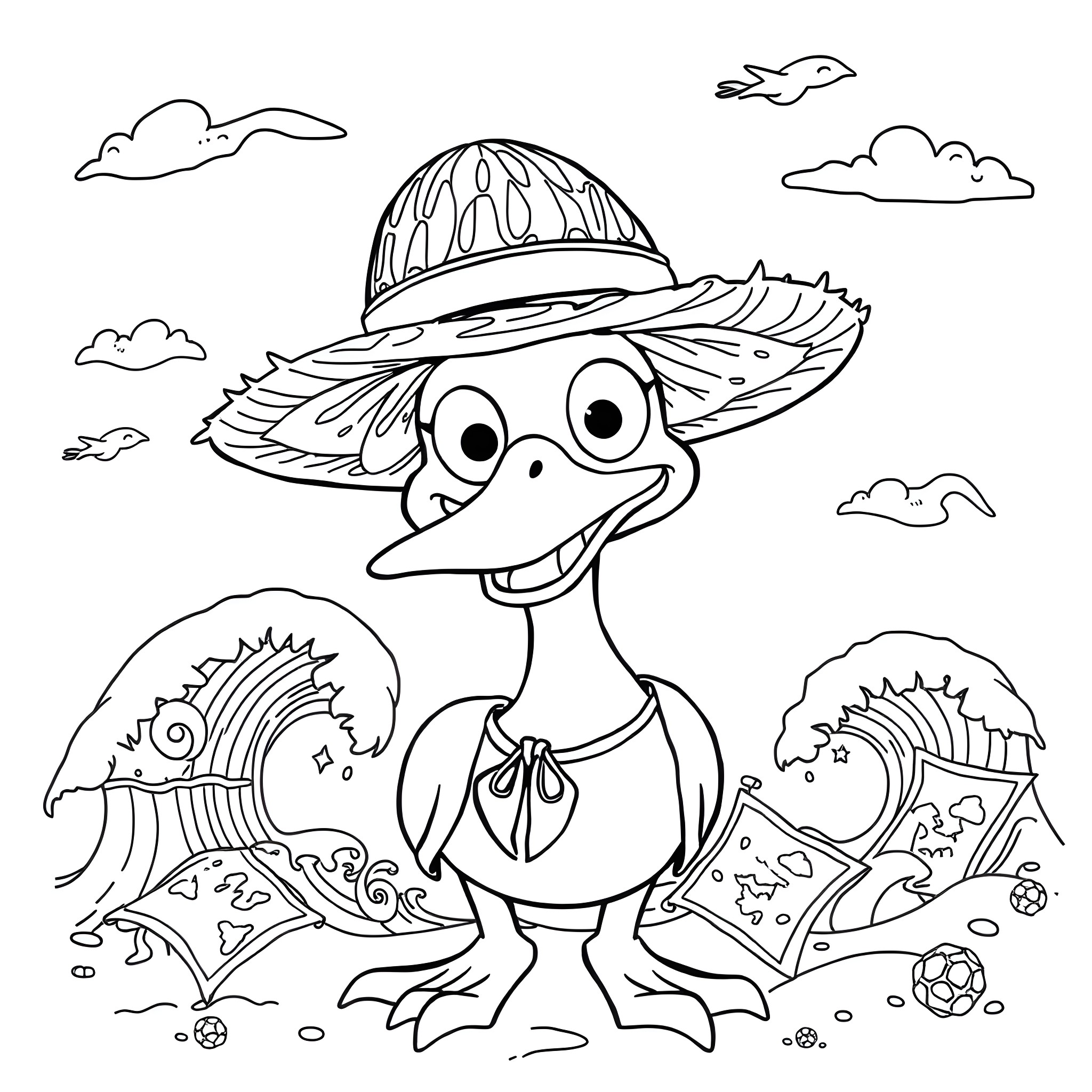 Perry the playful duck in the sunny outdoors Coloring Page (free black-and-white line drawing printable PDF for all, from beginners to advanced learners, including children, teens, adults, and seniors)