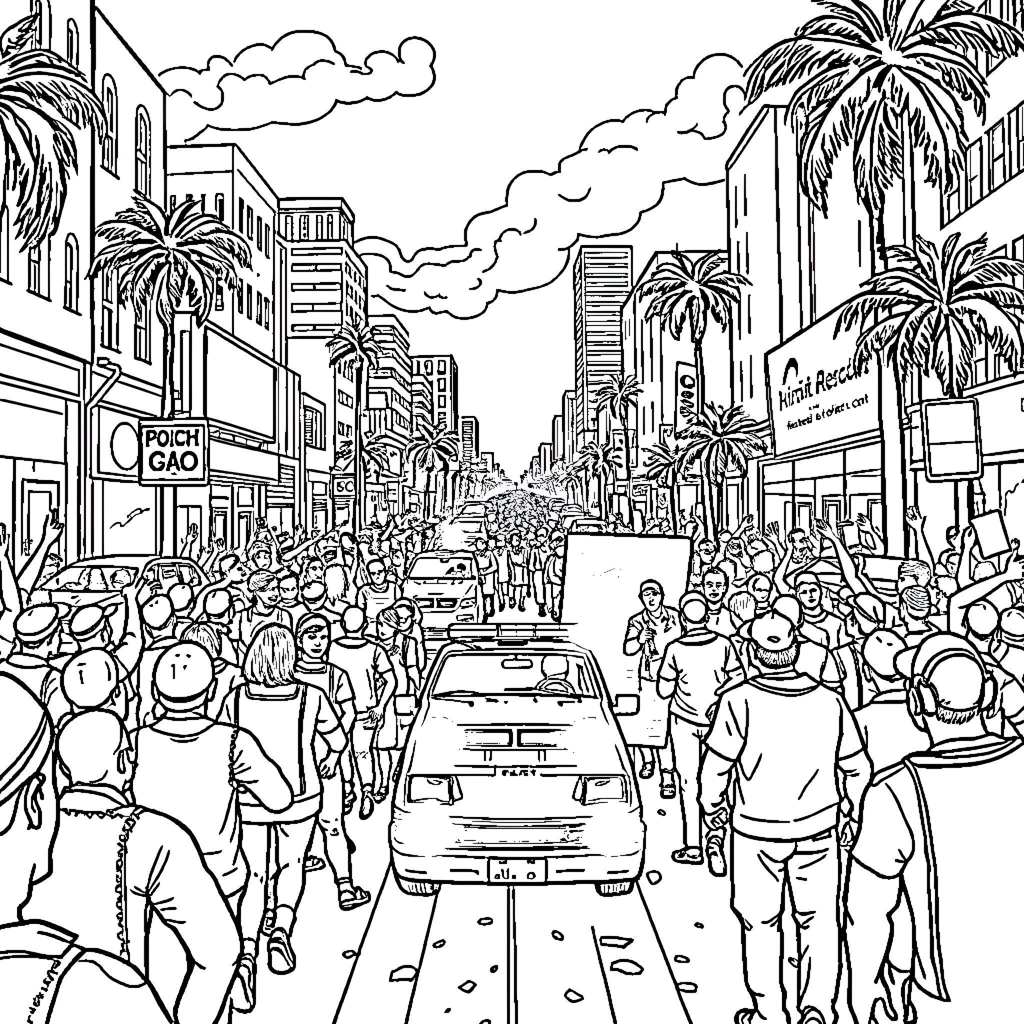Riot amid bustling city streets and palm trees Coloring Page (free black-and-white line drawing printable PDF for all, from beginners to advanced learners, including children, teens, adults, and seniors)