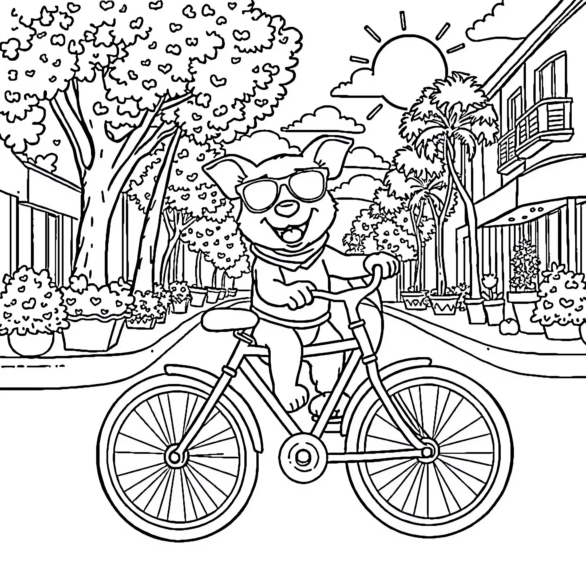 Dog riding bicycle on a sunny street Coloring Page (free black-and-white line drawing printable PDF for all, from beginners to advanced learners, including children, teens, adults, and seniors)