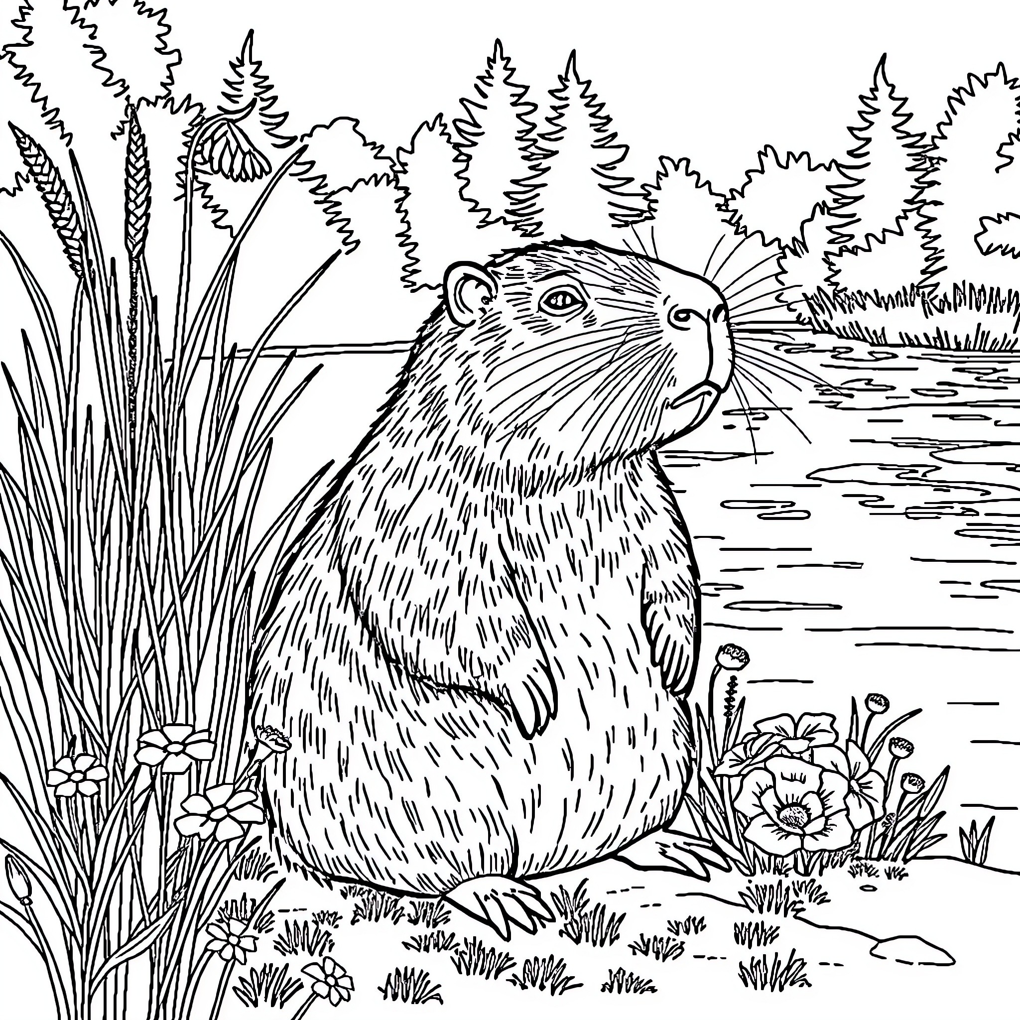 Capybara enjoying serene forest landscape Coloring Page (free black-and-white line drawing printable PDF for all, from beginners to advanced learners, including children, teens, adults, and seniors)