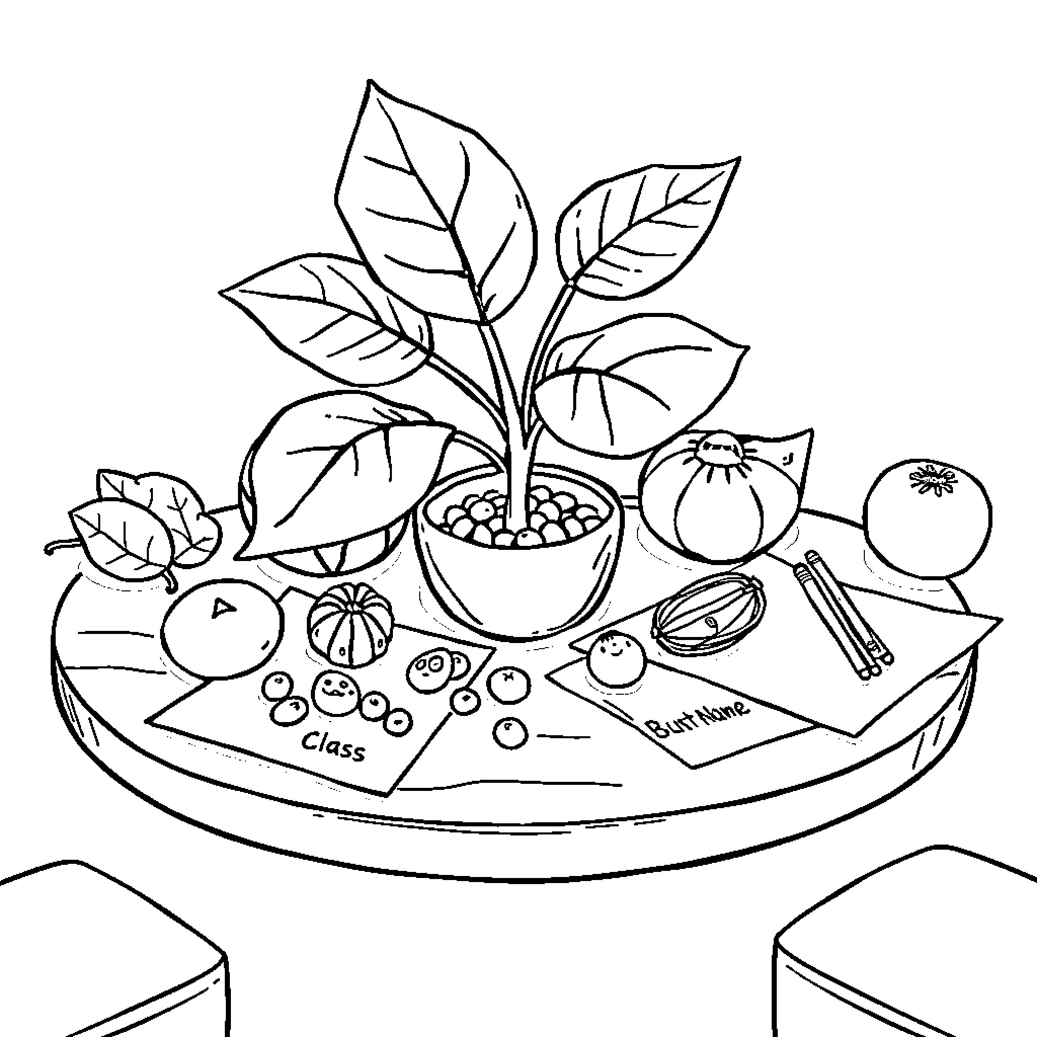 Plant Still Life with Various Objects Coloring Page (free black-and-white line drawing printable PDF for all, from beginners to advanced learners, including children, teens, adults, and seniors)