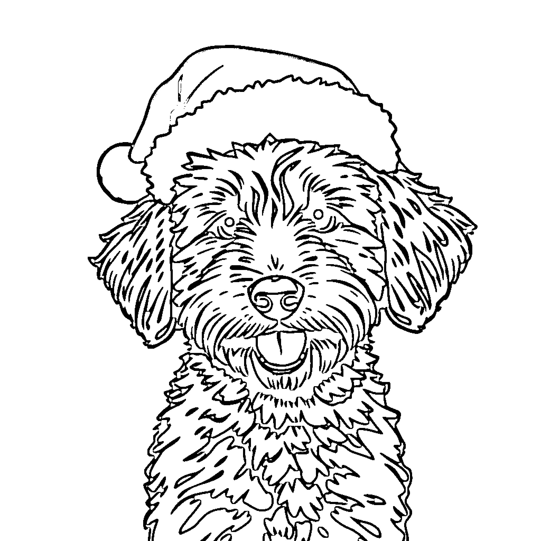 Labradoodle wearing a Santa hat Coloring Page (free black-and-white line drawing printable PDF for all, from beginners to advanced learners, including children, teens, adults, and seniors)