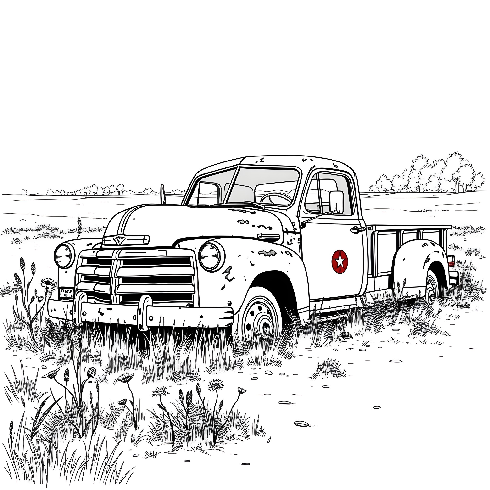 Truck parked in a rural field with nature Coloring Page (free black-and-white line drawing printable PDF for all, from beginners to advanced learners, including children, teens, adults, and seniors)