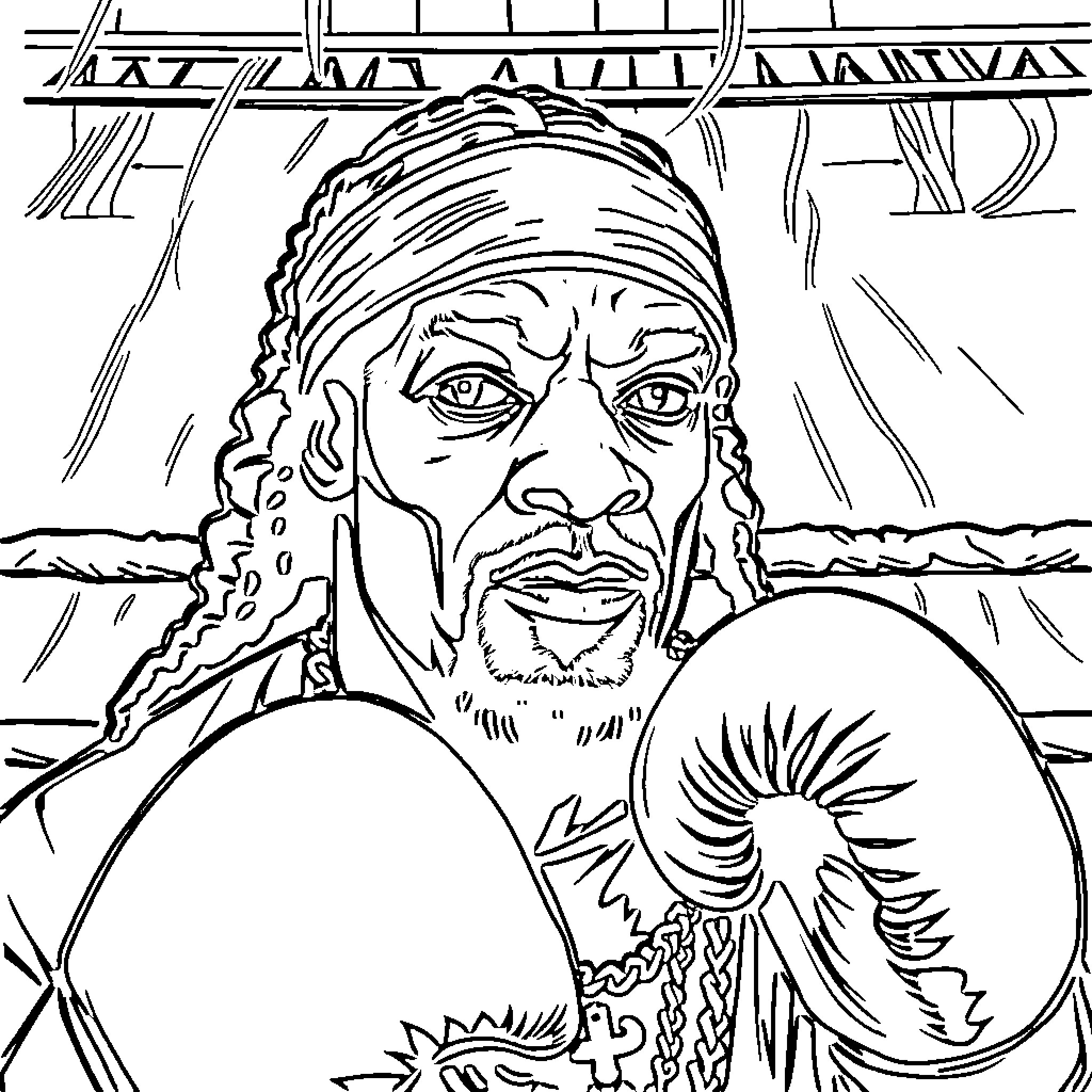 Snoop Dog in Intense Warrior Pose Coloring Page (free black-and-white line drawing printable PDF for all, from beginners to advanced learners, including children, teens, adults, and seniors)