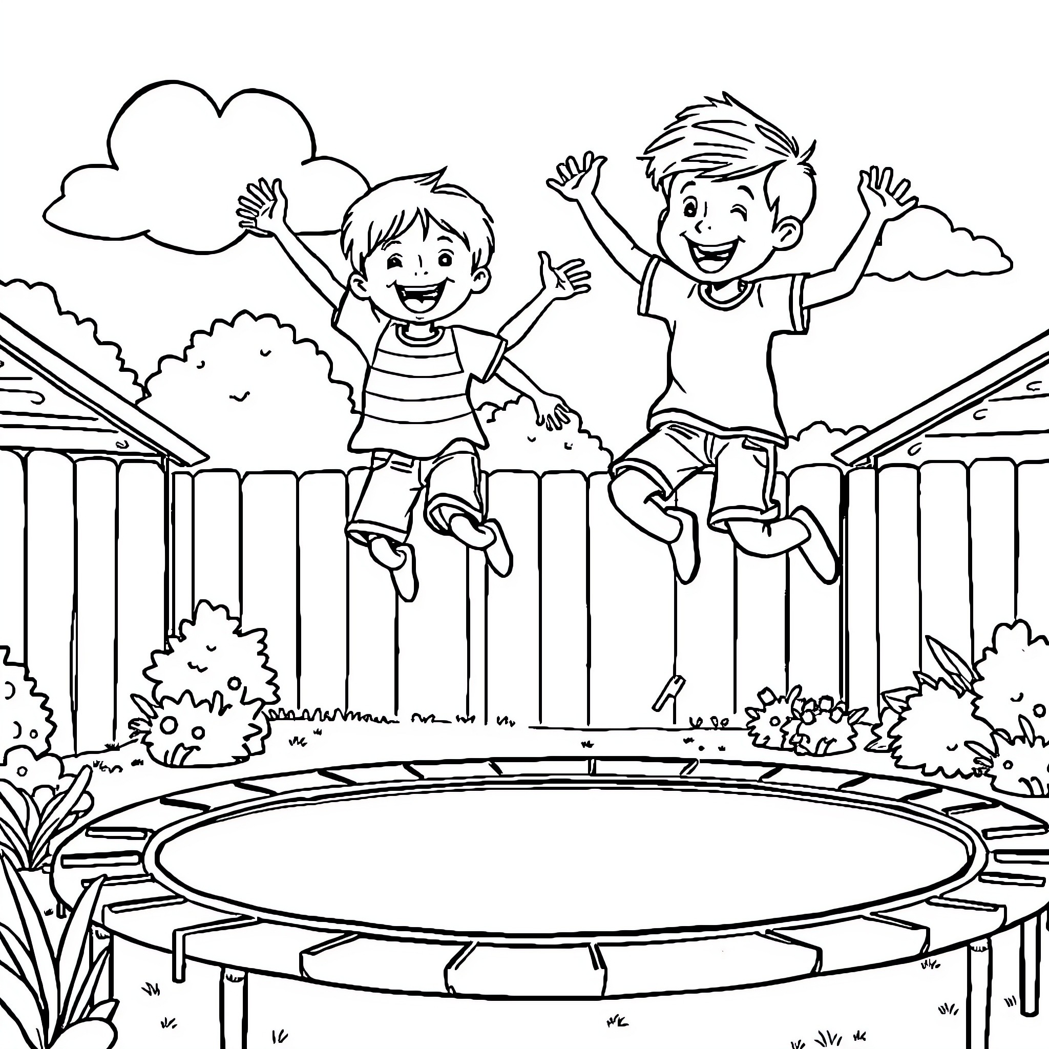 Brother Jumping Joyfully on Trampoline in Yard Coloring Page (free black-and-white line drawing printable PDF for all, from beginners to advanced learners, including children, teens, adults, and seniors)