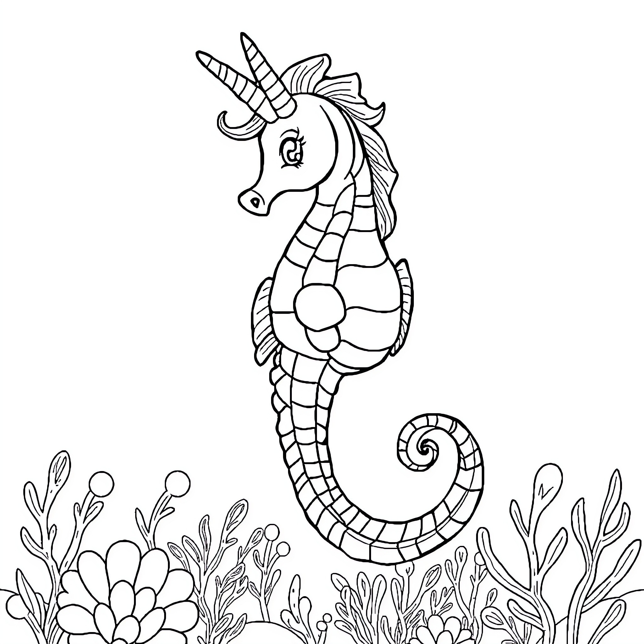 Seahorse swimming among vibrant underwater flora Coloring Page (free black-and-white line drawing printable PDF for all, from beginners to advanced learners, including children, teens, adults, and seniors)