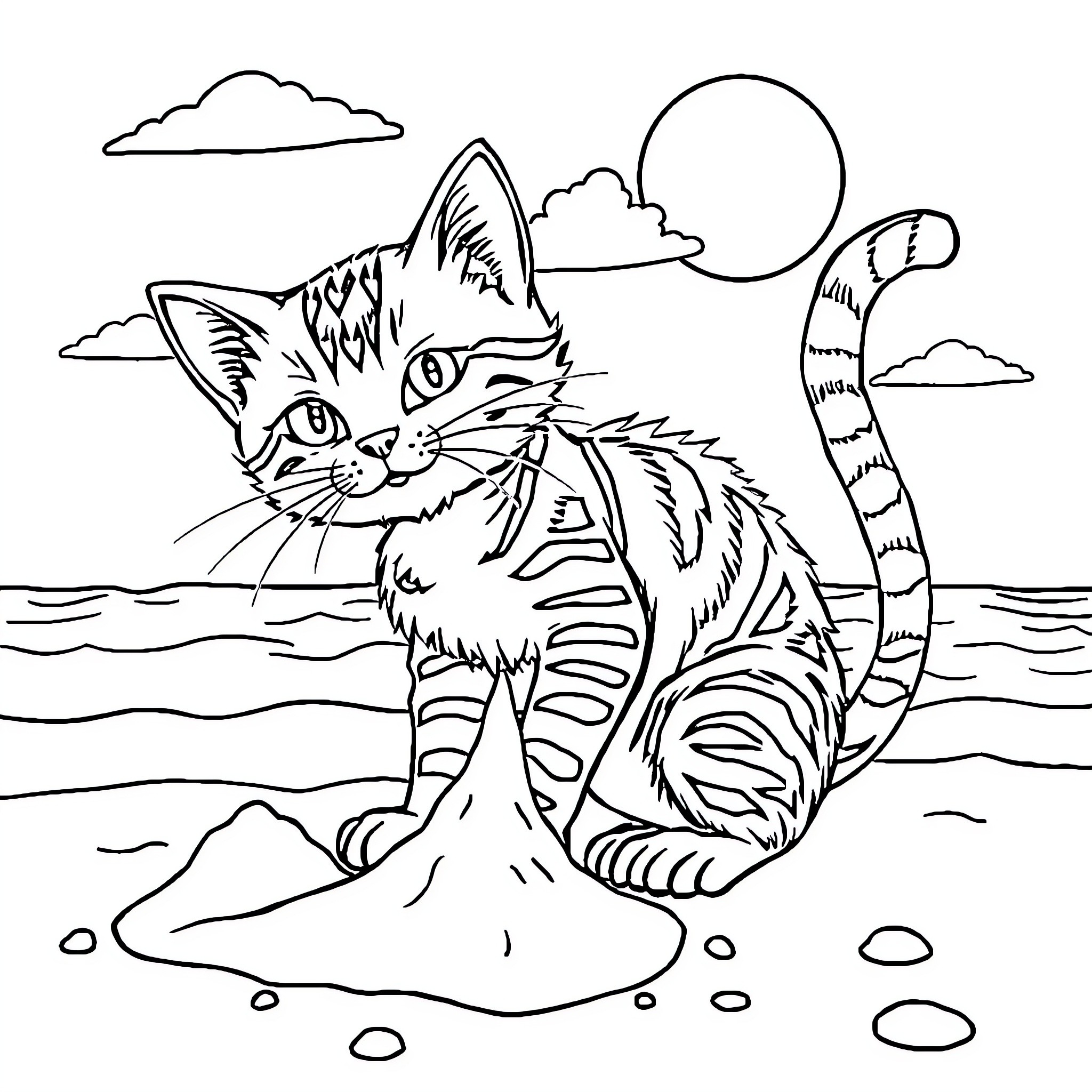 Catkid playing by the beach under the moon Coloring Page (free black-and-white line drawing printable PDF for all, from beginners to advanced learners, including children, teens, adults, and seniors)