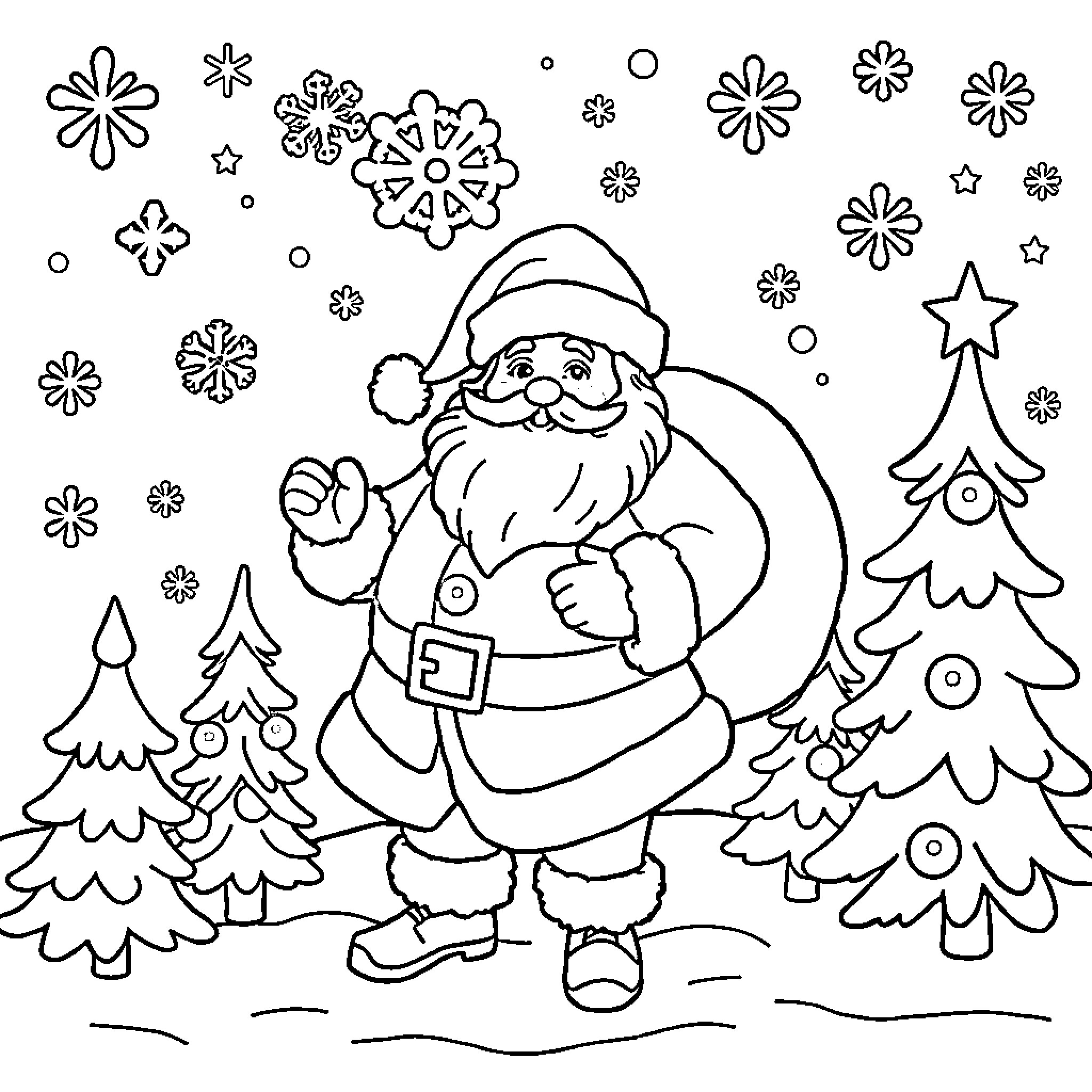 Christmas with a Jolly Santa Claus Coloring Page (free black-and-white line drawing printable PDF for all, from beginners to advanced learners, including children, teens, adults, and seniors)