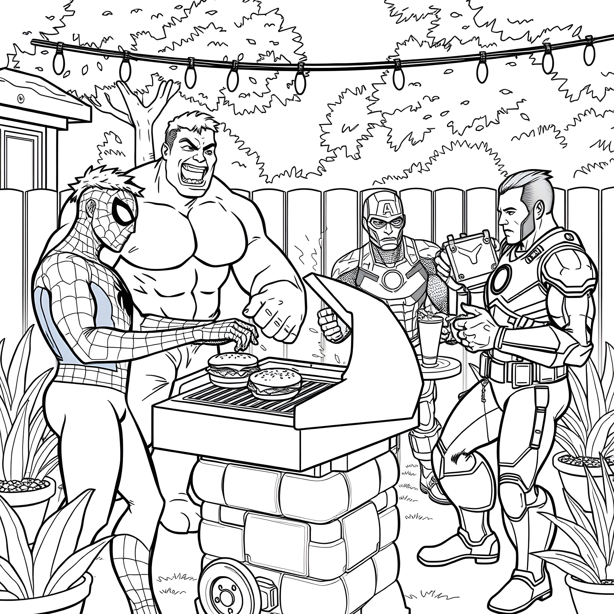Spider-Man hanging out with fellow superheroes at a backyard BBQ Coloring Page (free black-and-white line drawing printable PDF for all, from beginners to advanced learners, including children, teens, adults, and seniors)