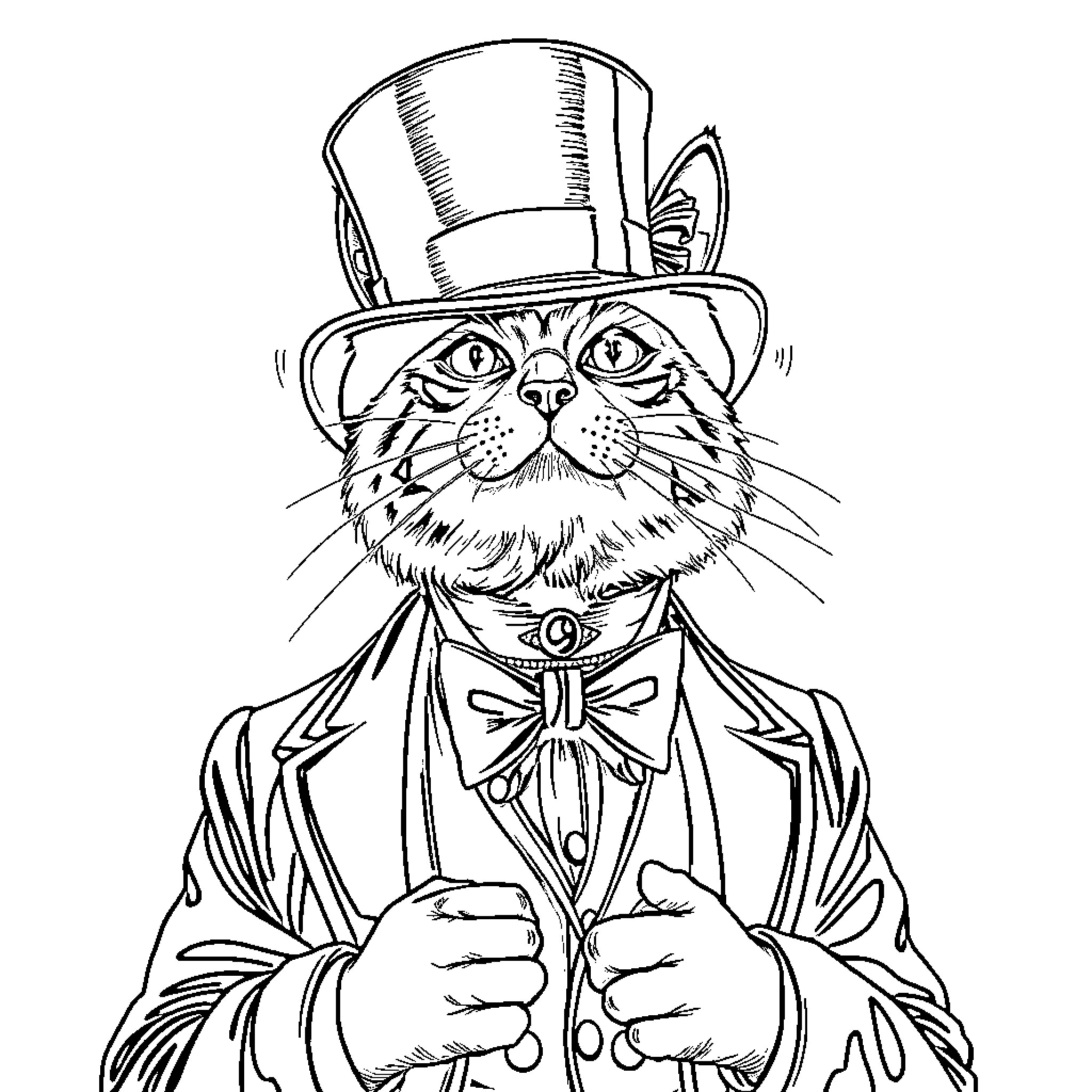 Harry Houdini's Feline Magician Persona Coloring Page (free black-and-white line drawing printable PDF for all, from beginners to advanced learners, including children, teens, adults, and seniors)
