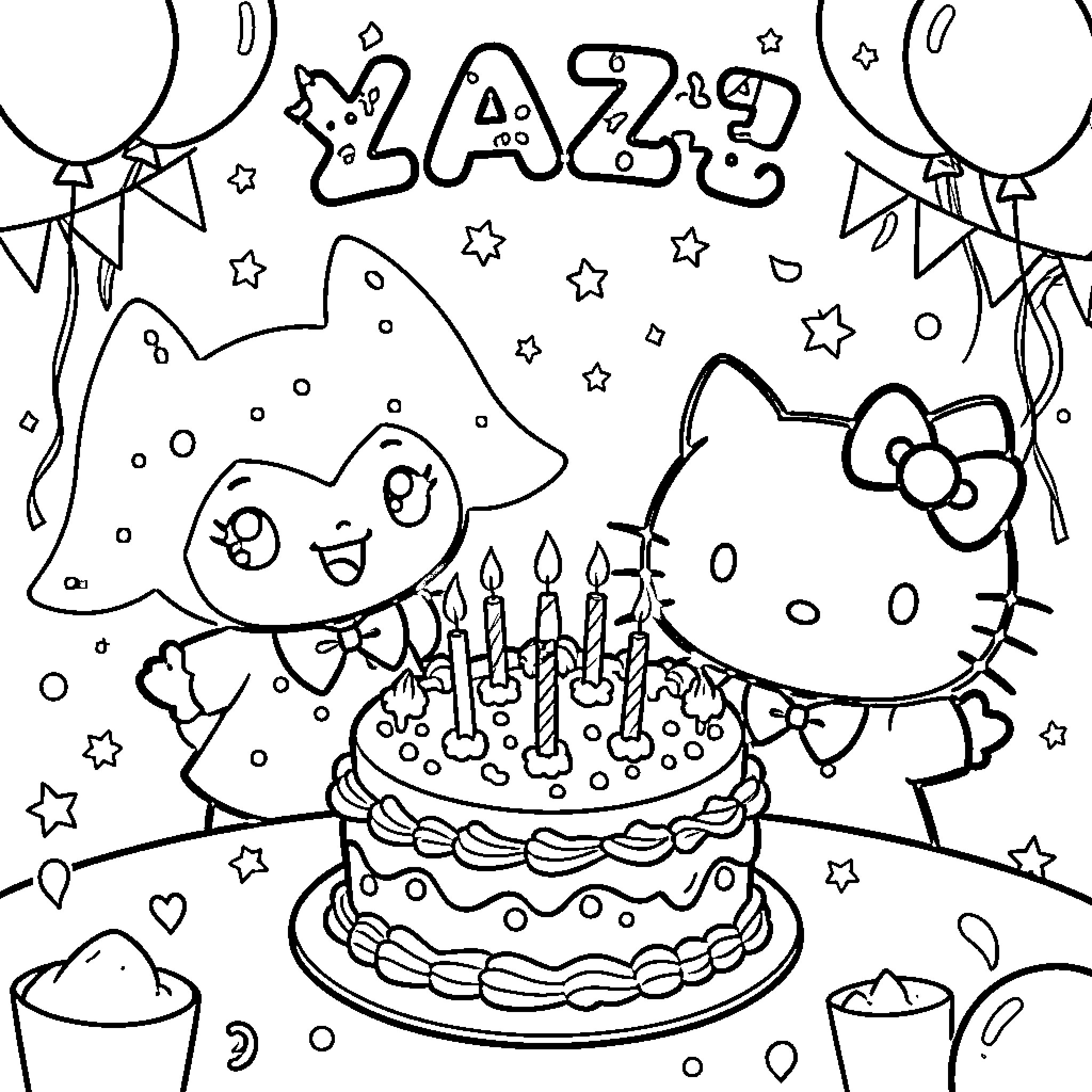 Kuromi and Hello Kitty Celebrating a Birthday with Cake Coloring Page (free black-and-white line drawing printable PDF for all, from beginners to advanced learners, including children, teens, adults, and seniors)