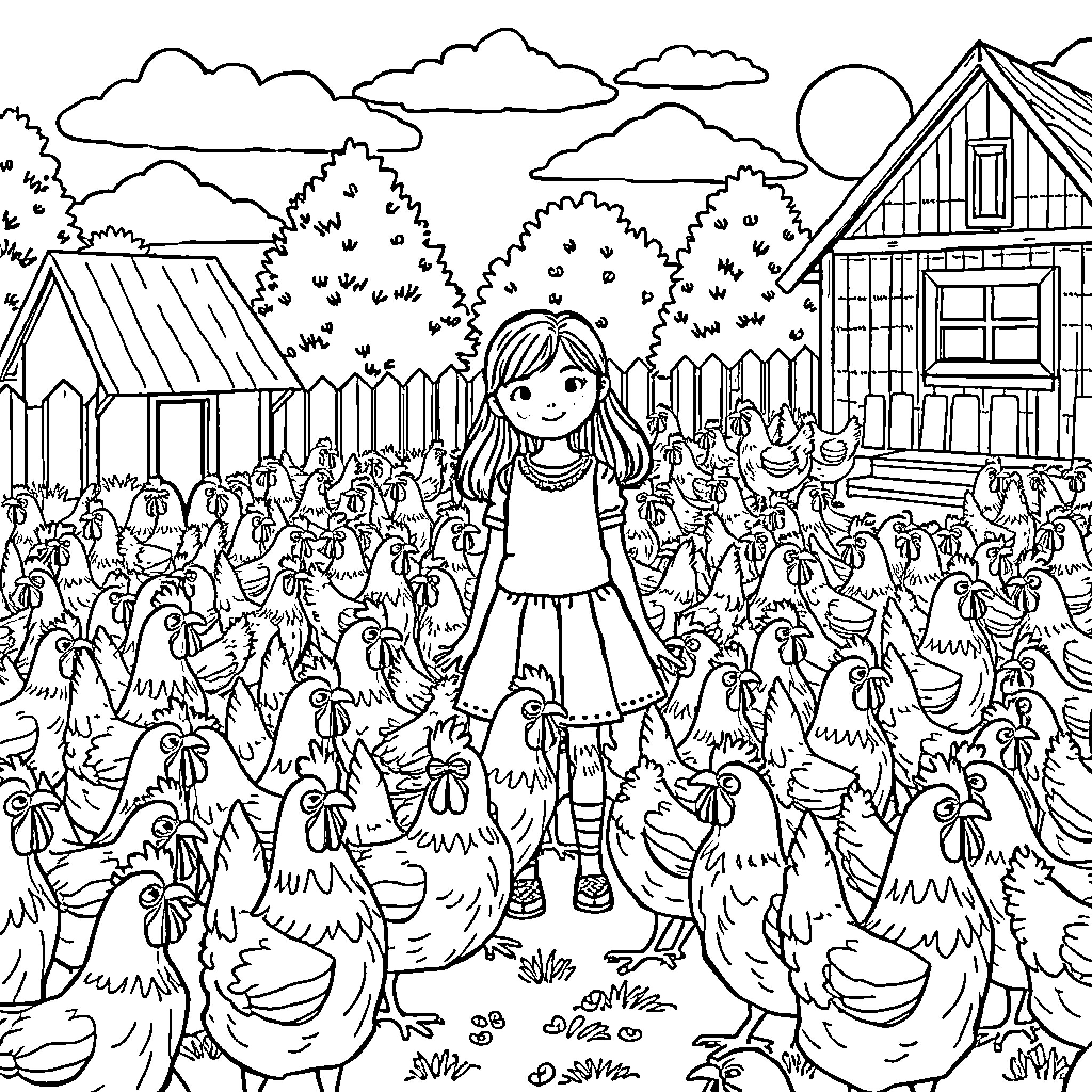 Girl exploring the enchanting forest village Coloring Page (free black-and-white line drawing printable PDF for all, from beginners to advanced learners, including children, teens, adults, and seniors)