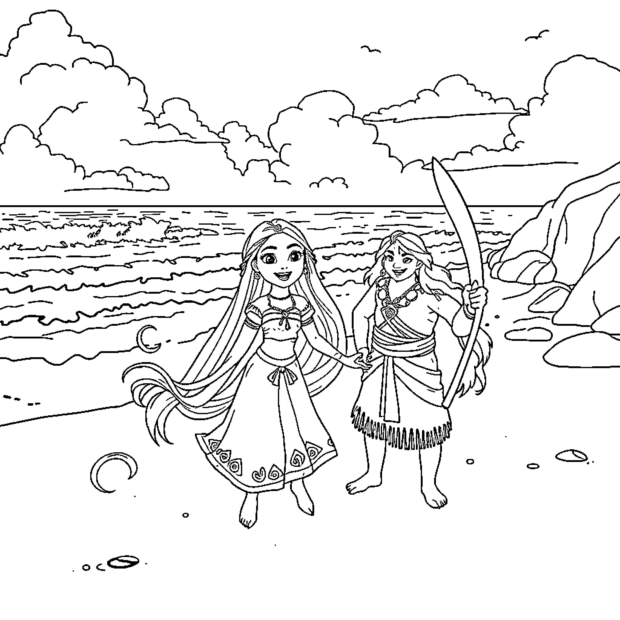 Rapunzel and the Native American Girl Exploring the Beach Coloring Page (free black-and-white line drawing printable PDF for all, from beginners to advanced learners, including children, teens, adults, and seniors)