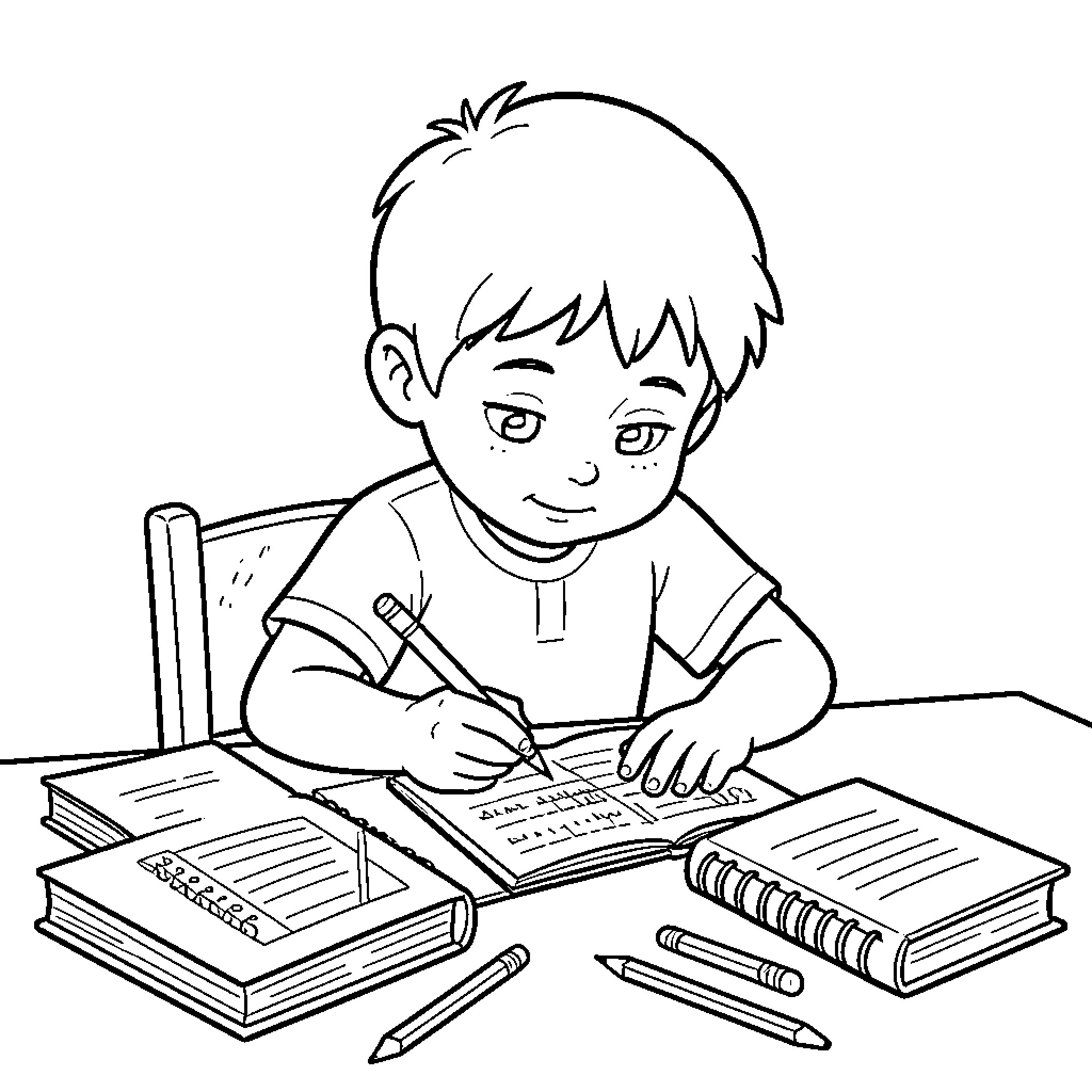 Niño diligentemente estudiando en su escritorio Coloring Page (free black-and-white line drawing printable PDF for all, from beginners to advanced learners, including children, teens, adults, and seniors)