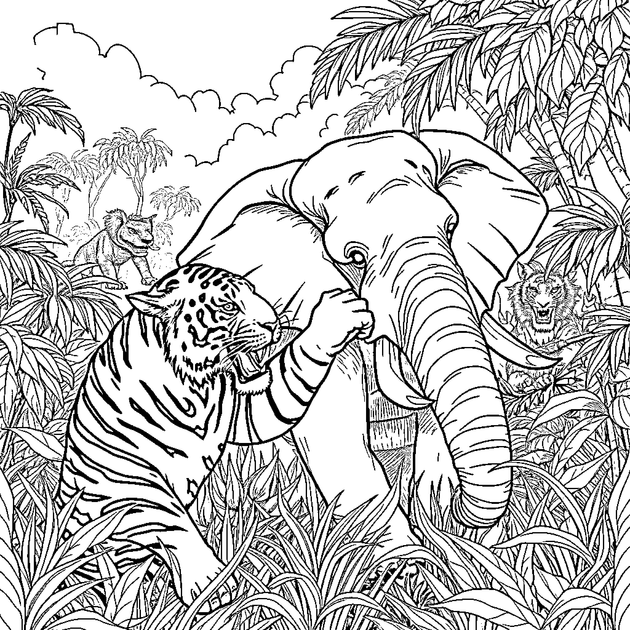 Tiger Roaring in Lush Jungle Landscape Coloring Page (free black-and-white line drawing printable PDF for all, from beginners to advanced learners, including children, teens, adults, and seniors)