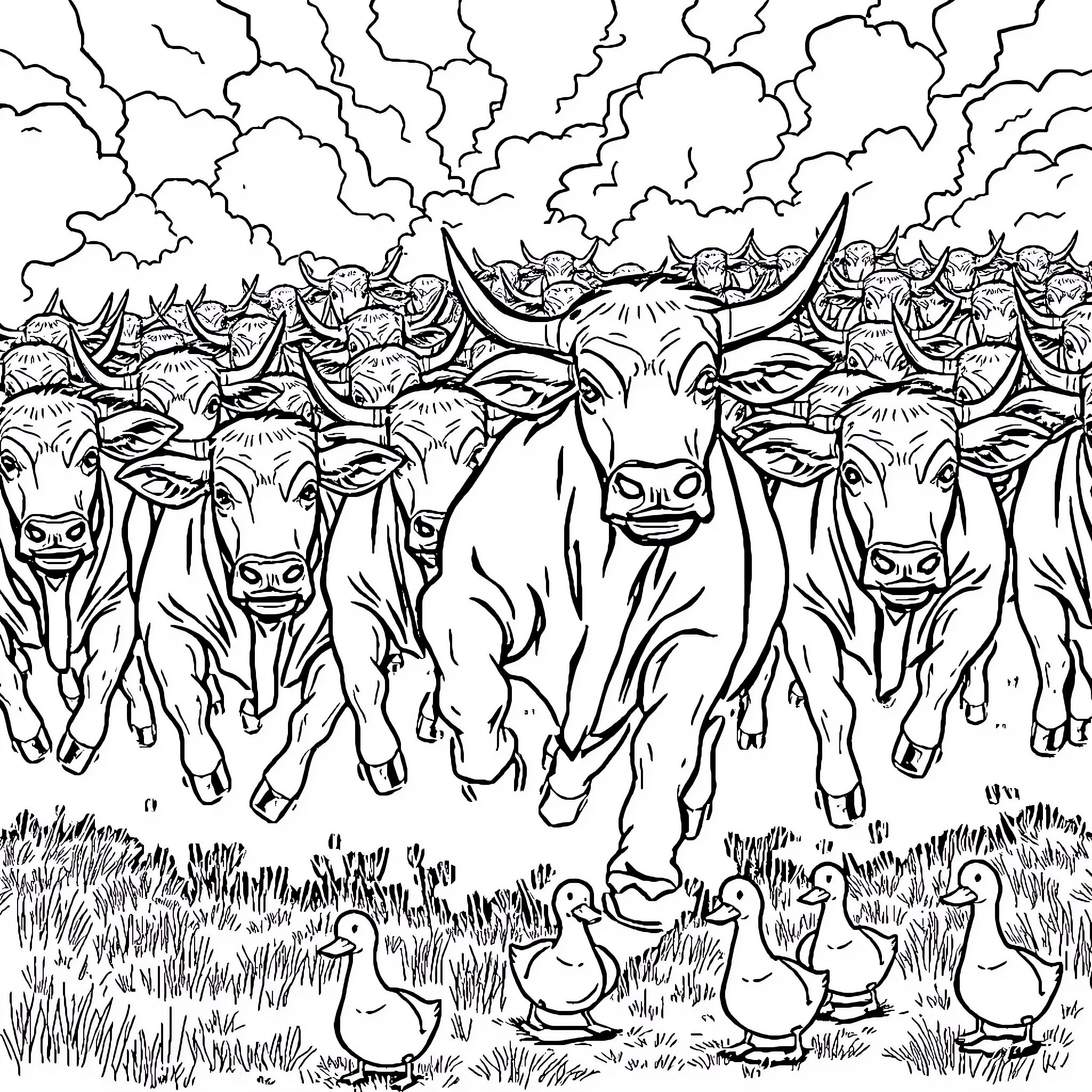 Cow stampede with ducklings in the field Coloring Page (free black-and-white line drawing printable PDF for all, from beginners to advanced learners, including children, teens, adults, and seniors)