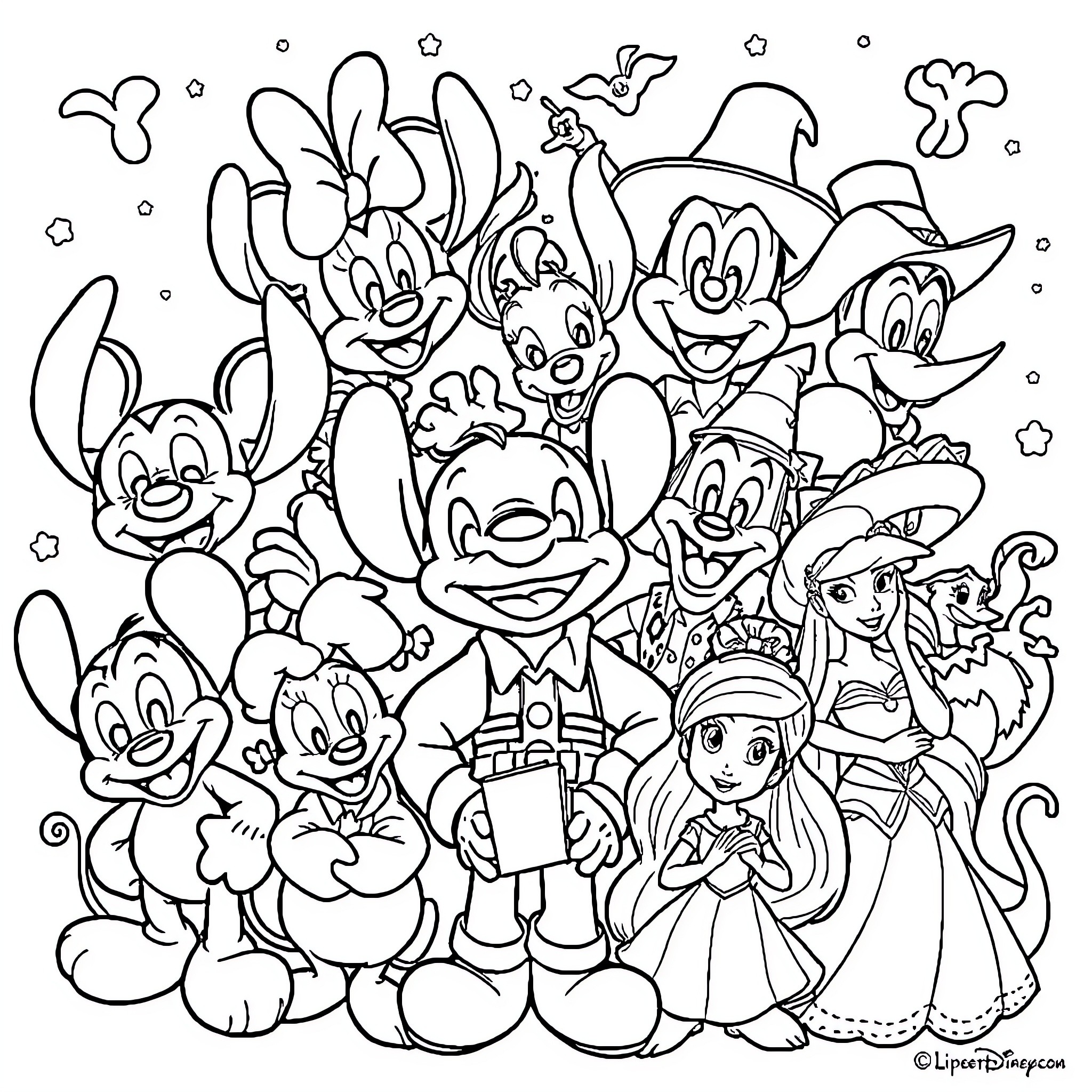 Disney Characters in Joyful Poses and Outfits Coloring Page (free black-and-white line drawing printable PDF for all, from beginners to advanced learners, including children, teens, adults, and seniors)