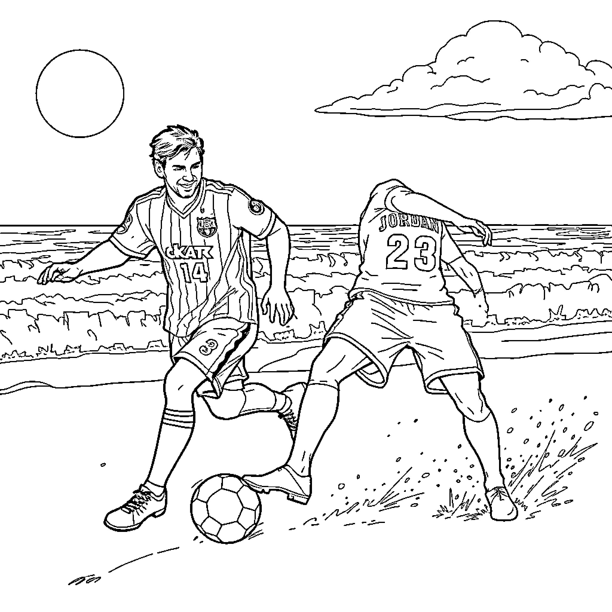 Lionel Messi playing soccer in a field Coloring Page (free black-and-white line drawing printable PDF for all, from beginners to advanced learners, including children, teens, adults, and seniors)