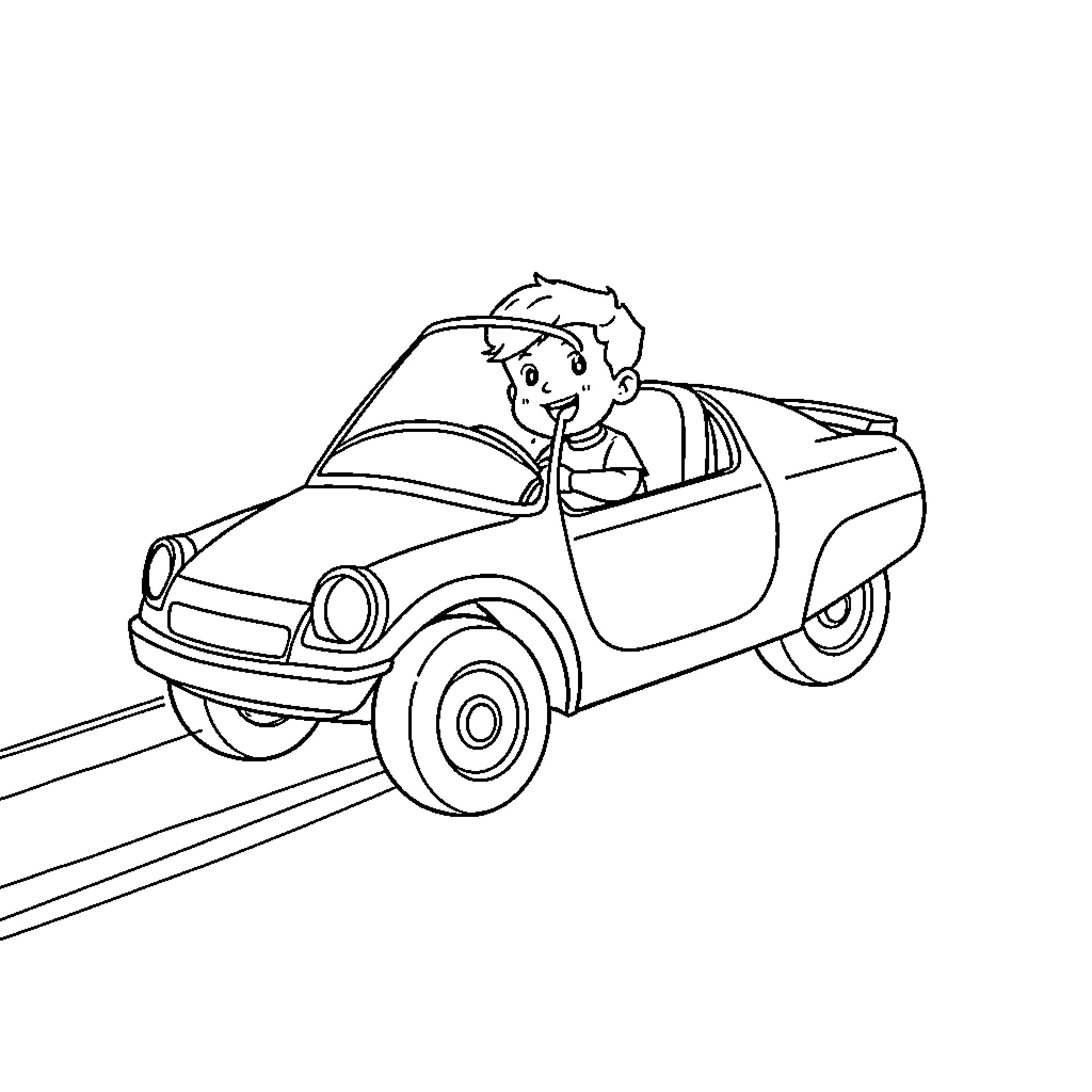 Boy driving a small car with excitement Coloring Page (free black-and-white line drawing printable PDF for all, from beginners to advanced learners, including children, teens, adults, and seniors)