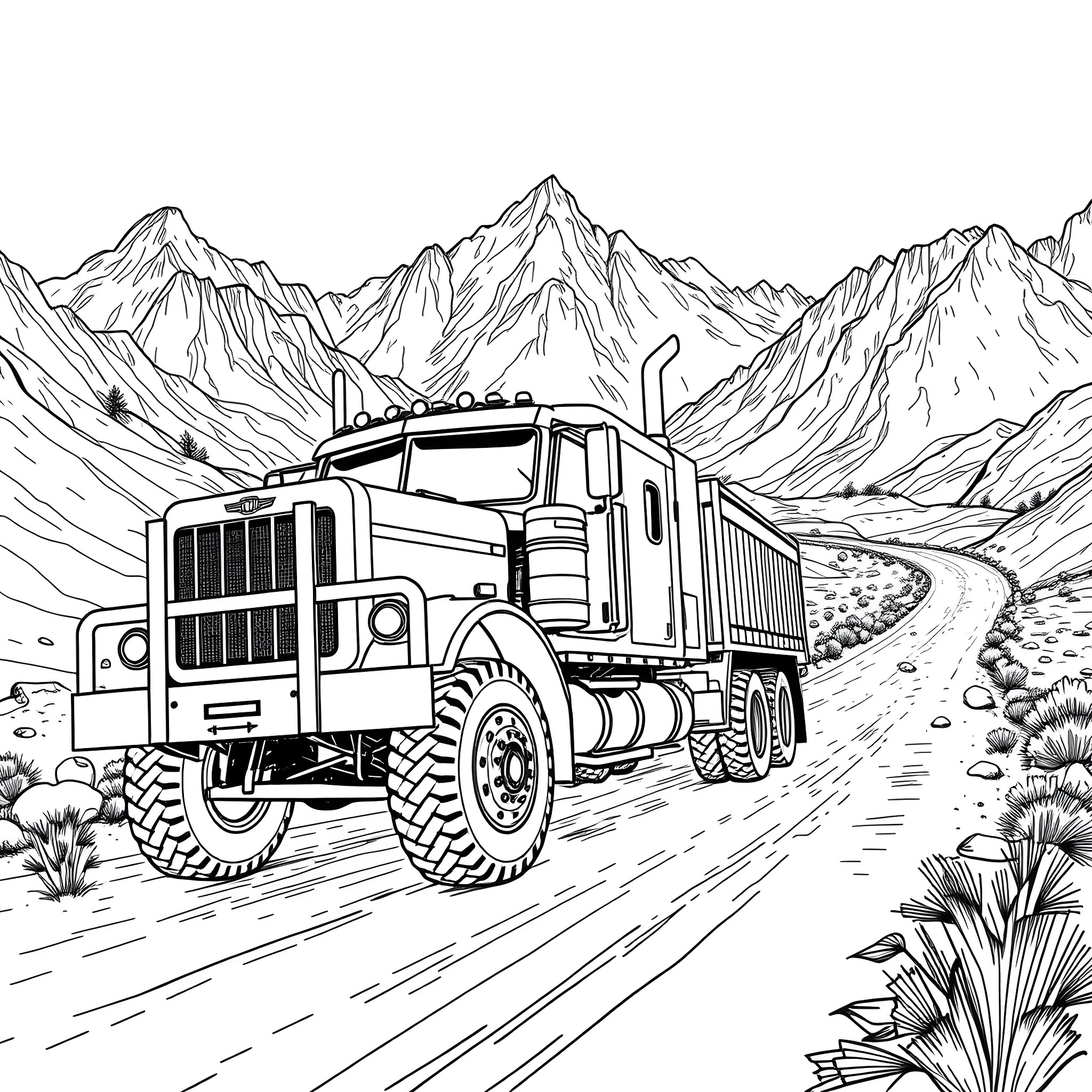 Truck navigating rugged mountain terrain Coloring Page (free black-and-white line drawing printable PDF for all, from beginners to advanced learners, including children, teens, adults, and seniors)