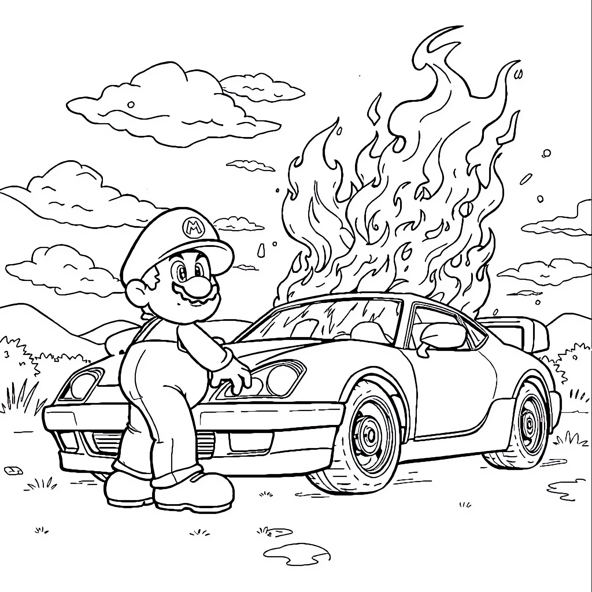 Mario Saving Burning Car in Scenic Landscape Coloring Page (free black-and-white line drawing printable PDF for all, from beginners to advanced learners, including children, teens, adults, and seniors)
