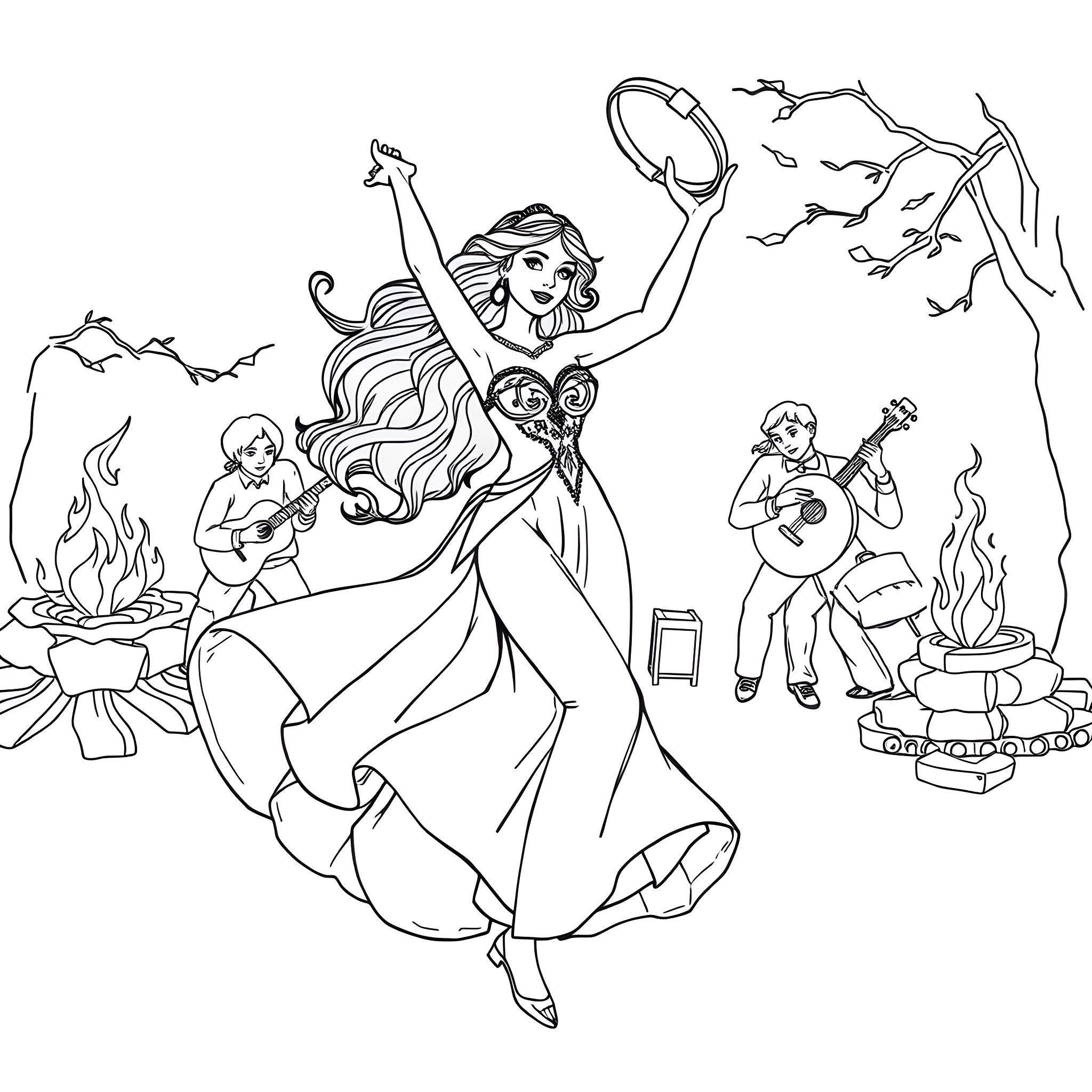 Esmeralda's Lively Gypsy Dance Performance Coloring Page (free black-and-white line drawing printable PDF for all, from beginners to advanced learners, including children, teens, adults, and seniors)
