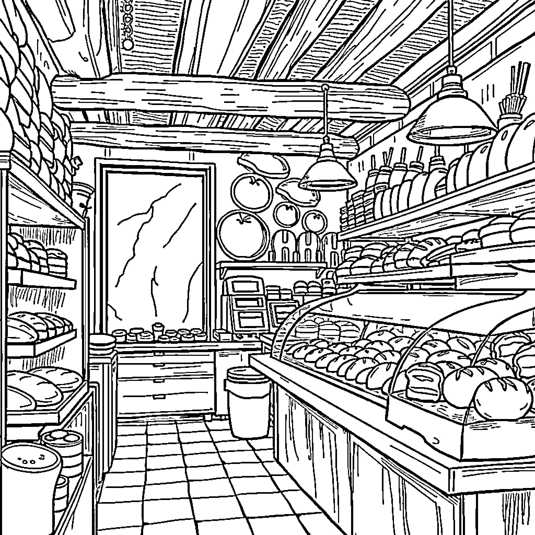 Bakery interior with shelves of baked goods Coloring Page (free black-and-white line drawing printable PDF for all, from beginners to advanced learners, including children, teens, adults, and seniors)
