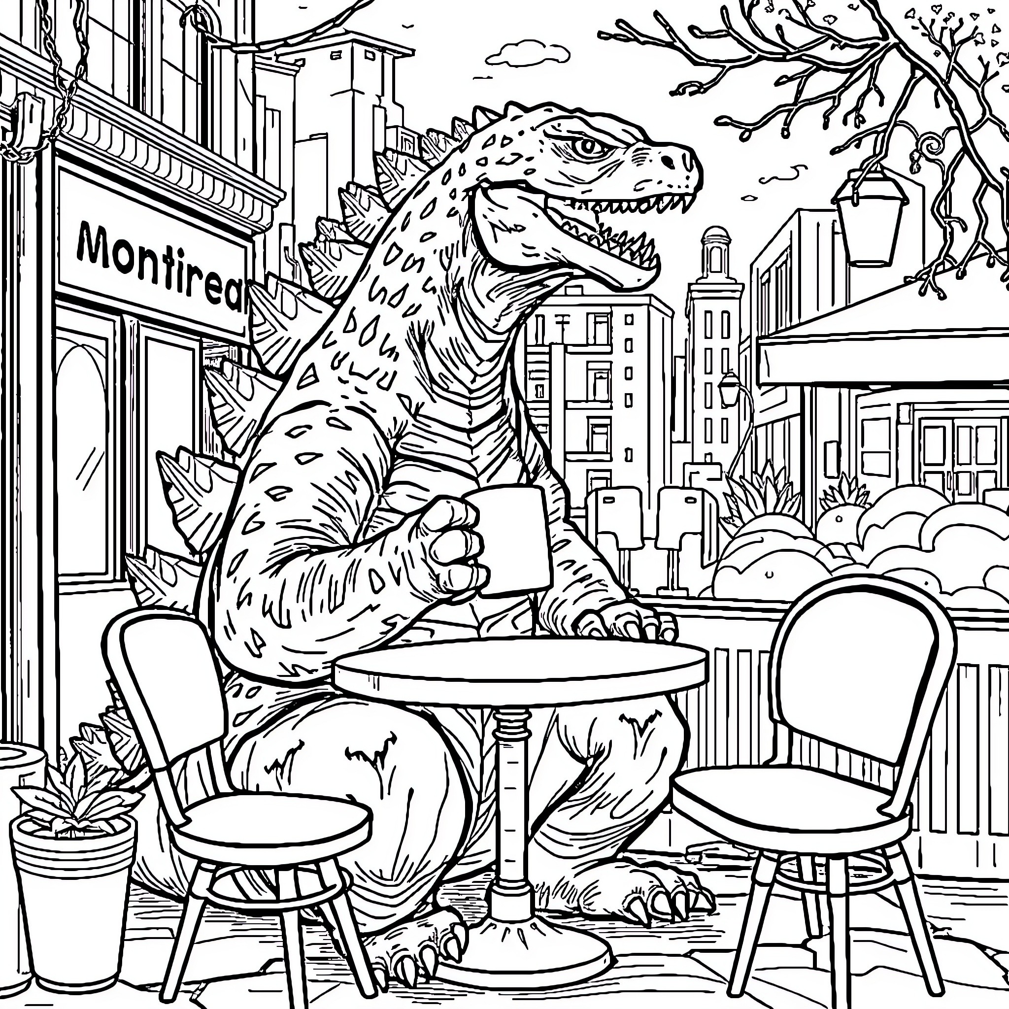 Godzilla enjoying a cafe in the city Coloring Page (free black-and-white line drawing printable PDF for all, from beginners to advanced learners, including children, teens, adults, and seniors)