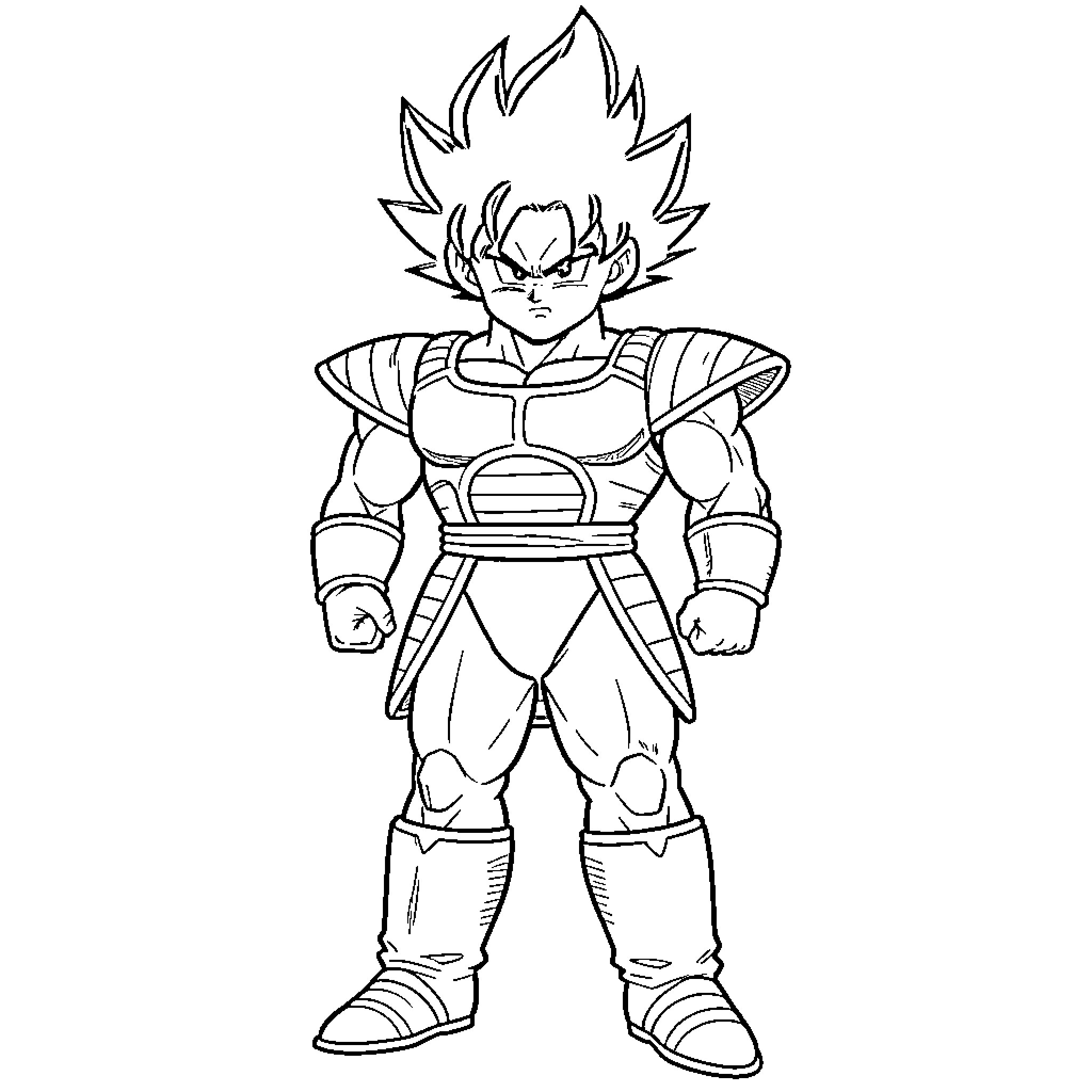 Vegeta in battle stance with spiky hair Coloring Page (free black-and-white line drawing printable PDF for all, from beginners to advanced learners, including children, teens, adults, and seniors)
