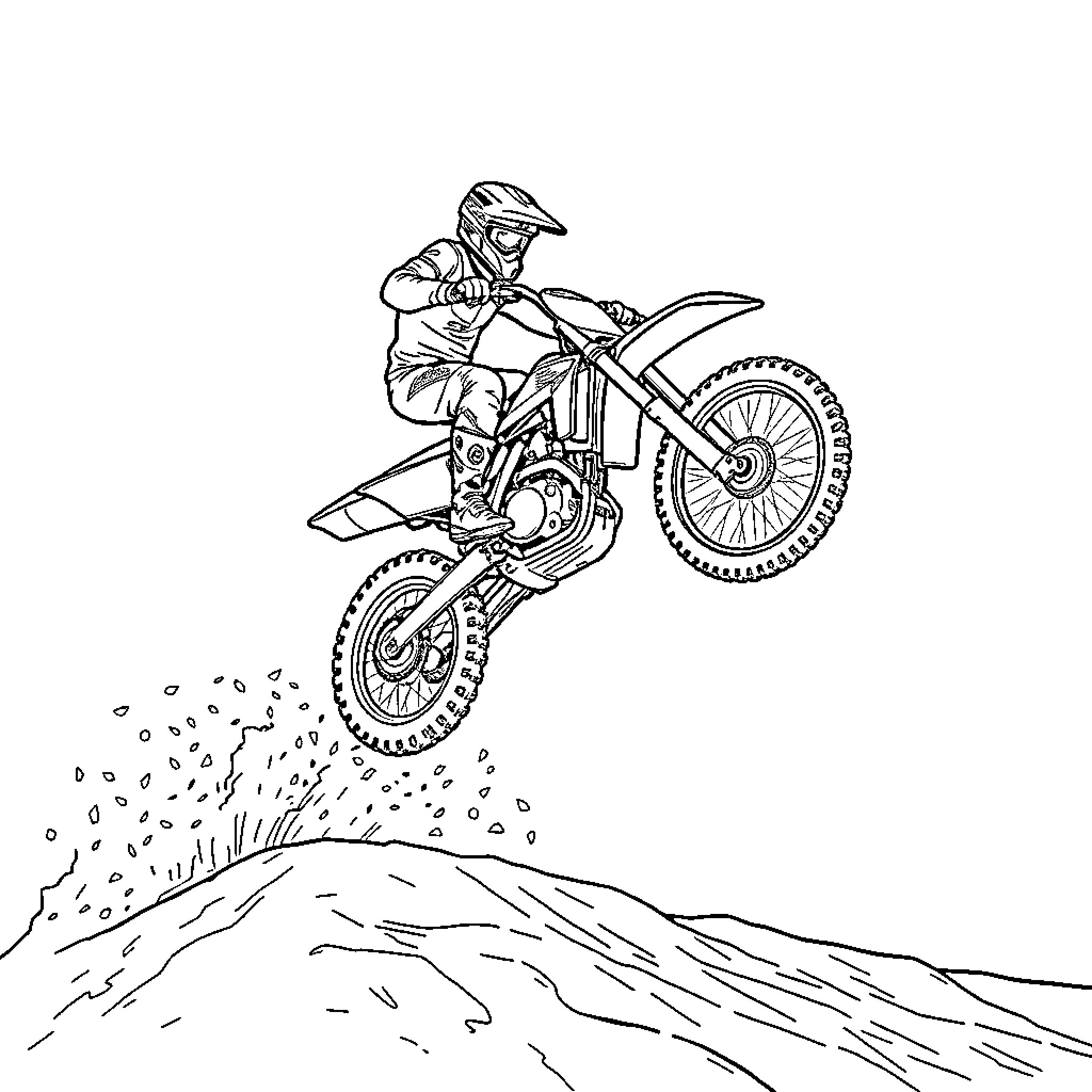 Dirtbike soaring through the air over rugged terrain Coloring Page (free black-and-white line drawing printable PDF for all, from beginners to advanced learners, including children, teens, adults, and seniors)
